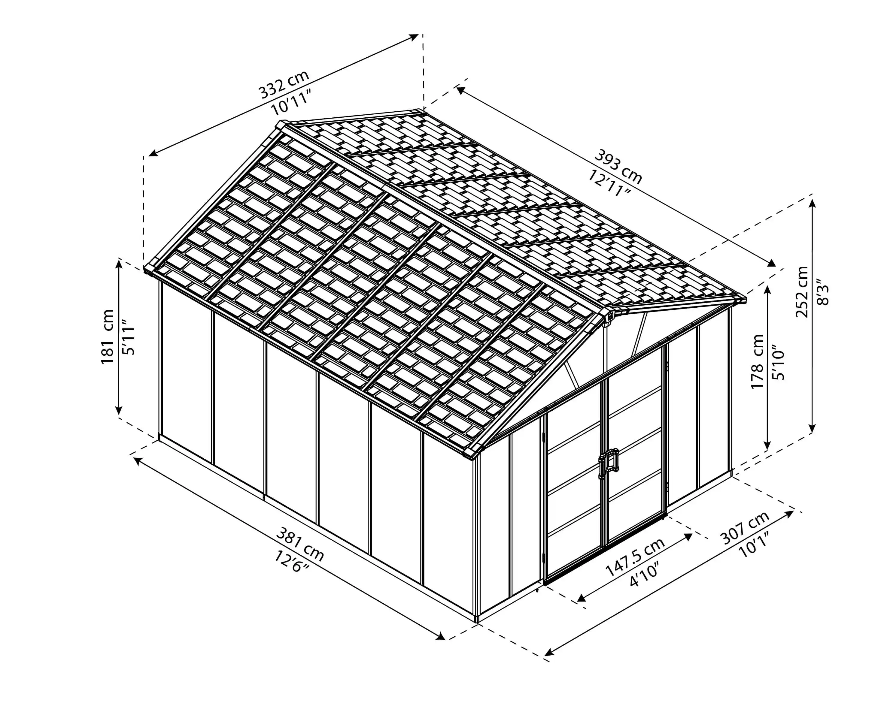 Canopia Yukon grote 395X332 cm schuur met vloer Donkergrijs-7290108137316 Canopia Yukon grote 395X332 cm schuur met vloer Donkergrijs