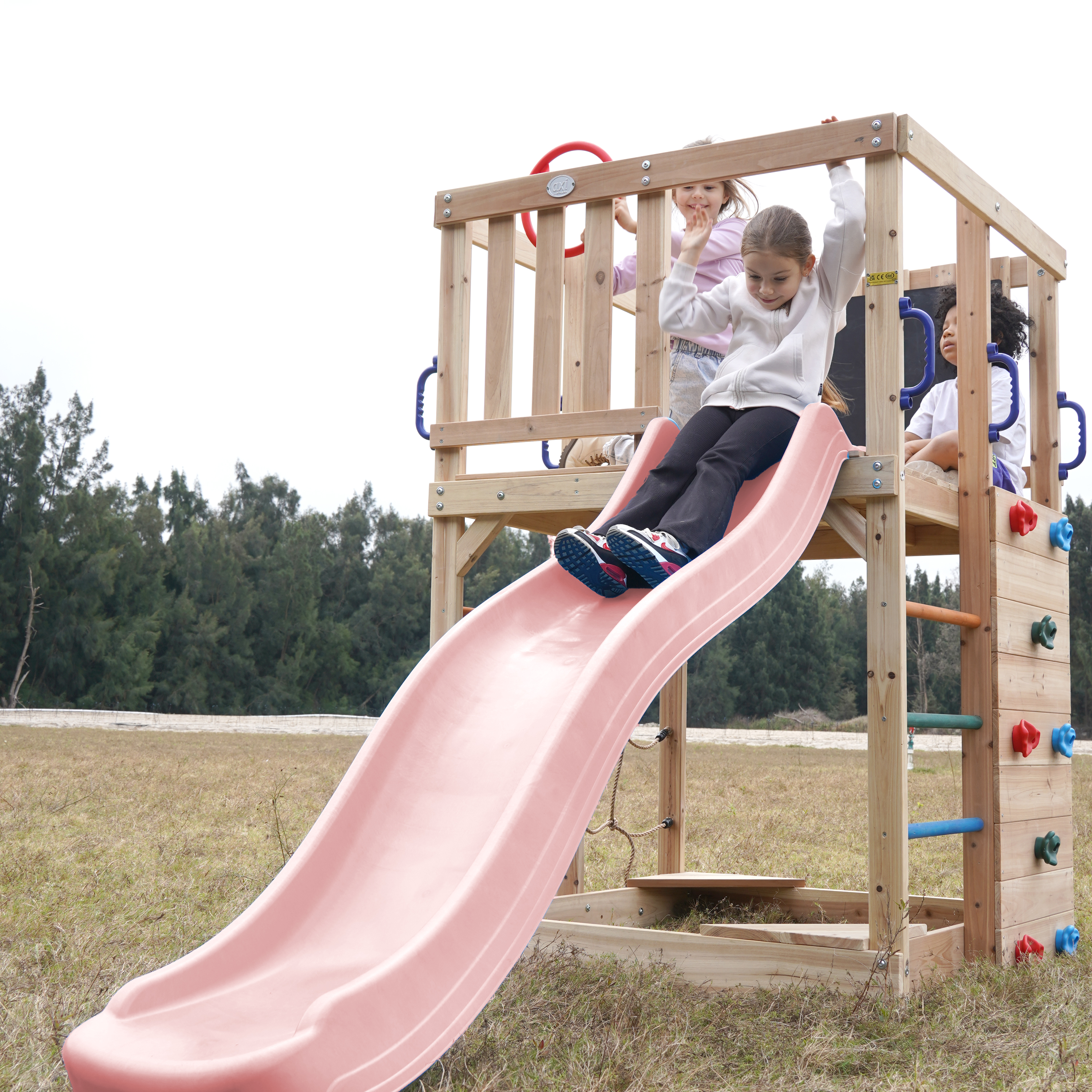 AXI Sam Climbing Frame with Climbing Wall, Climbing Net and Monkey Bars – Pastel Pink Slide