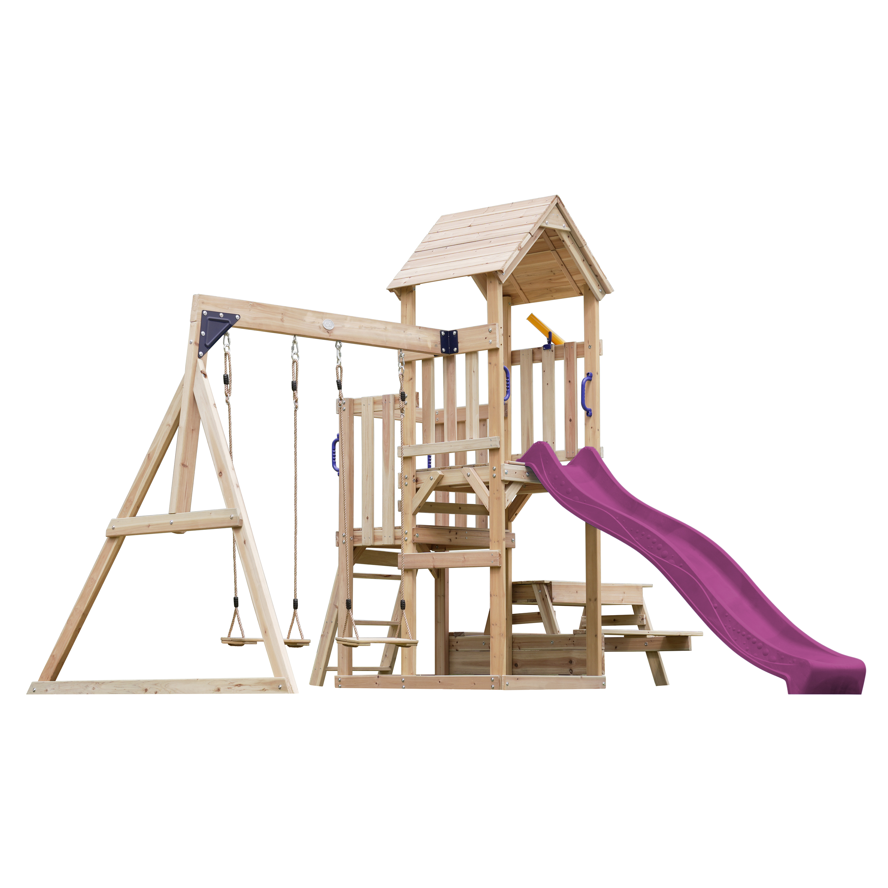 AXI Mette Aire de jeux avec balançoire double marron - violet toboggan