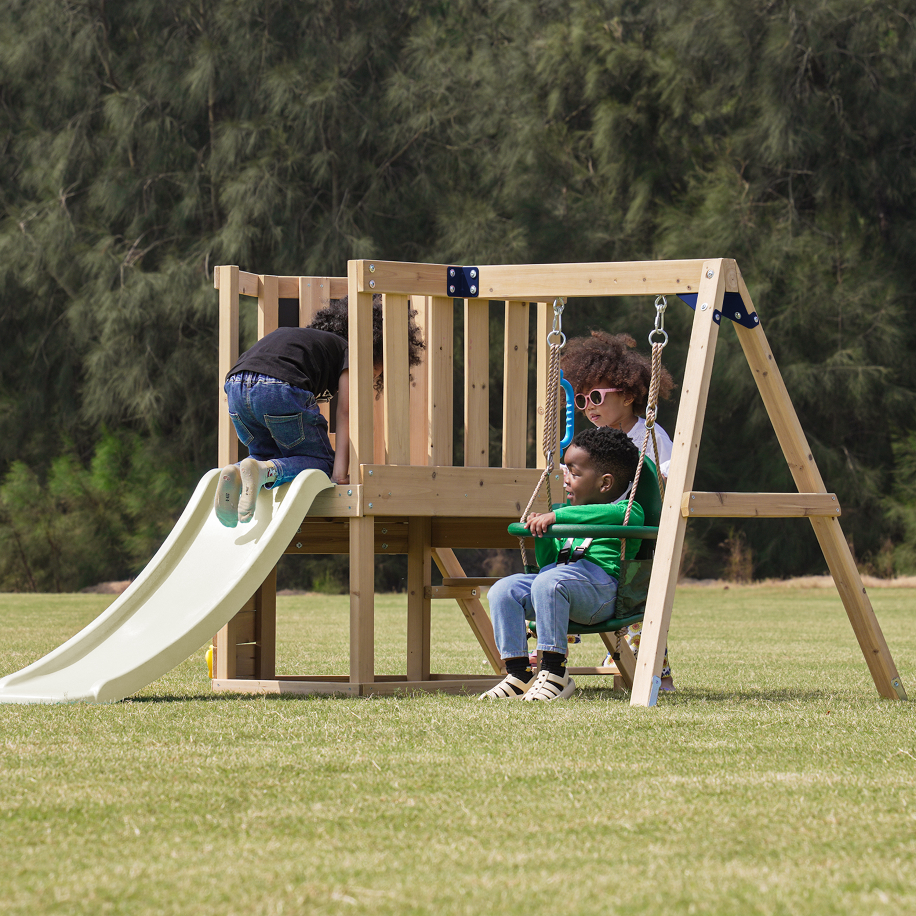 AXI Timo Mini Climbing Frame with Baby Swing, Climbing Wall and Chalkboard – Cream Slide