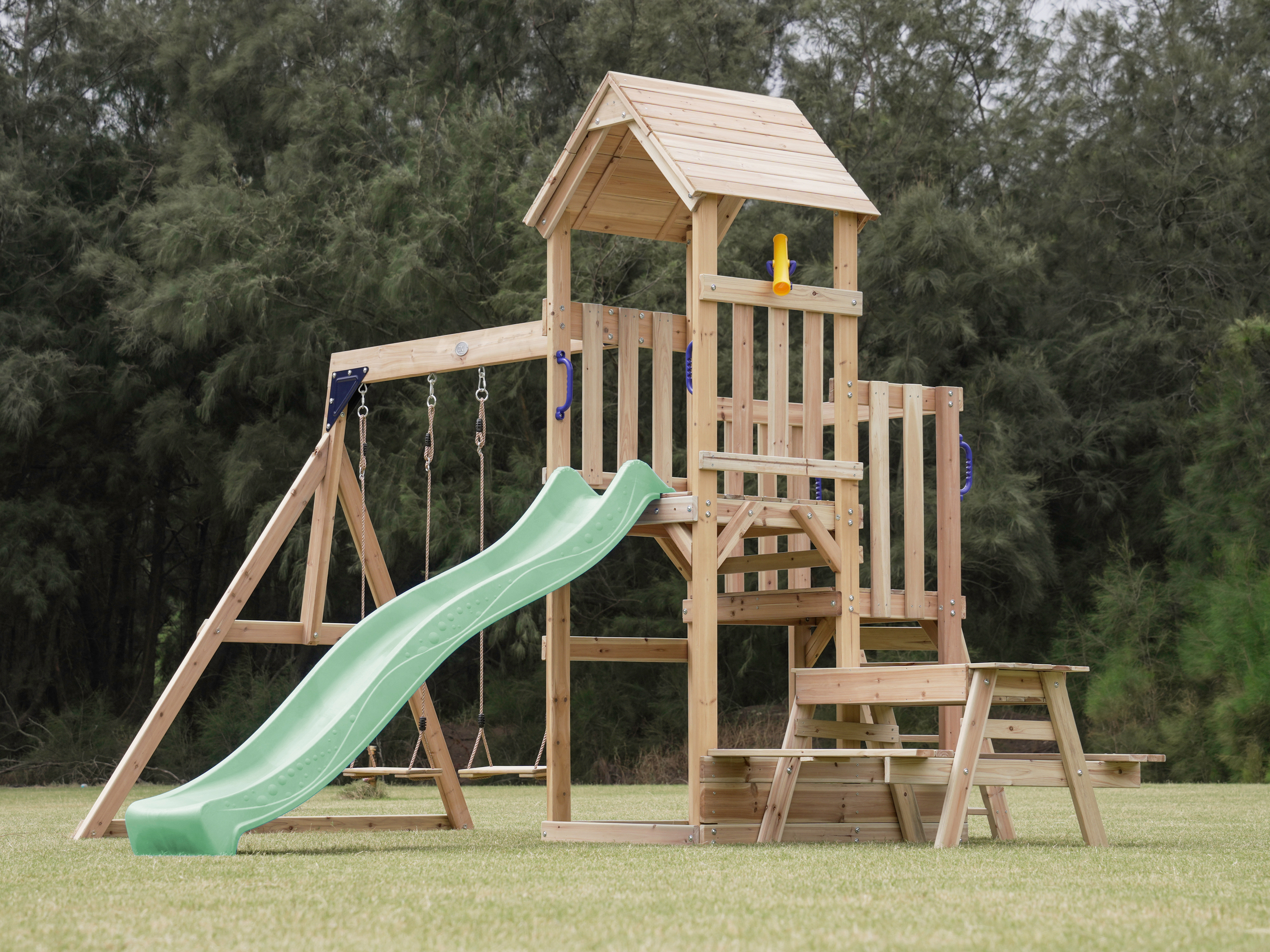 AXI Mette Climbing Frame with Double Swing Set and Picnic Table - Pastel Green Slide