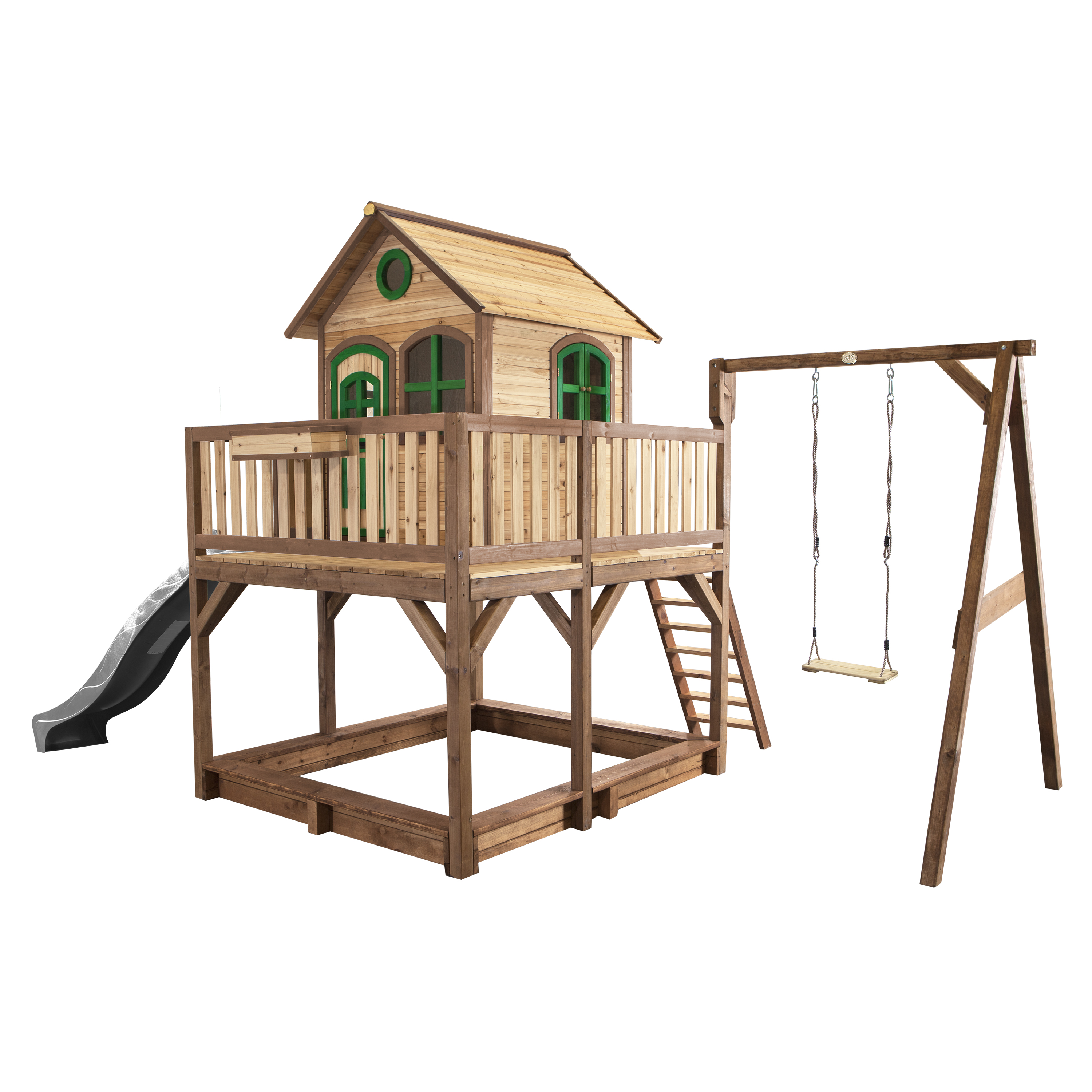 AXI Liam Playhouse with Single Swing Set Brown/Green - Grey Slide