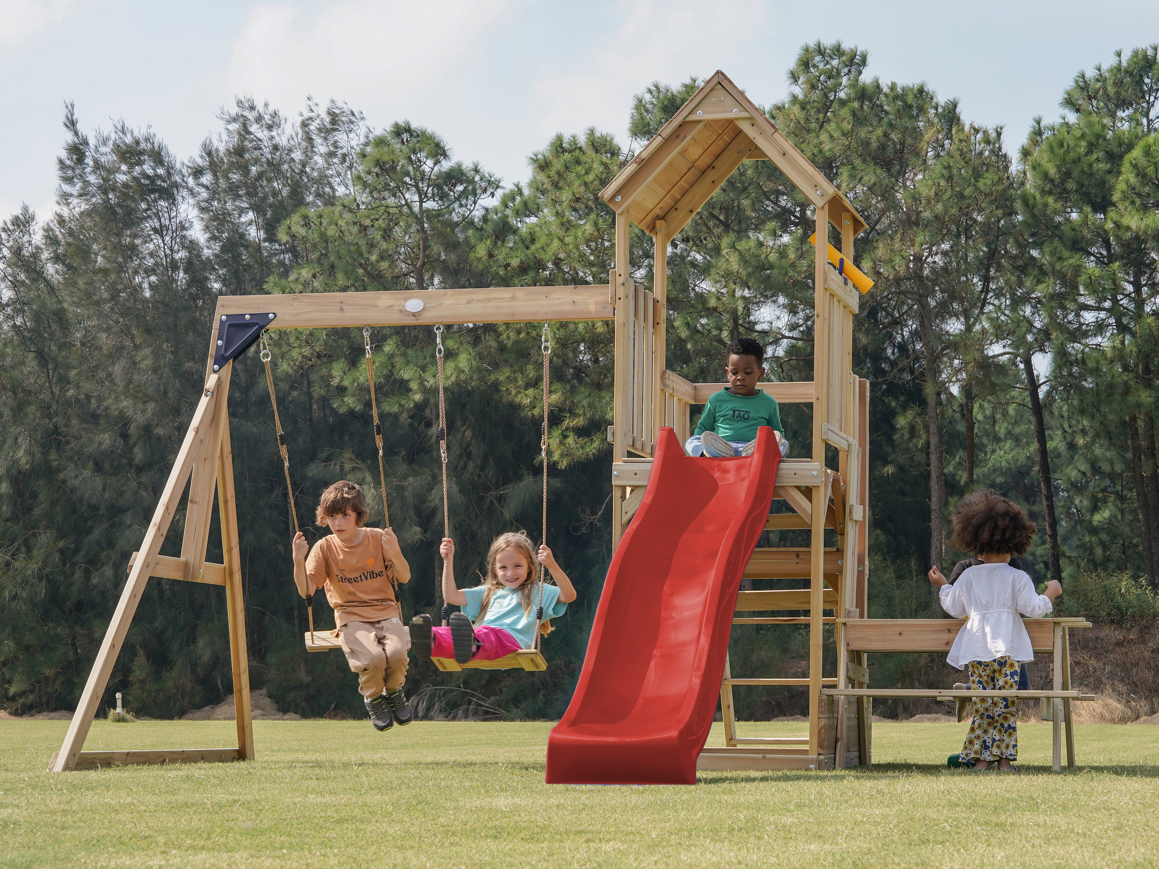 AXI Mette Playground with Double Swing Brown - Red Slide 