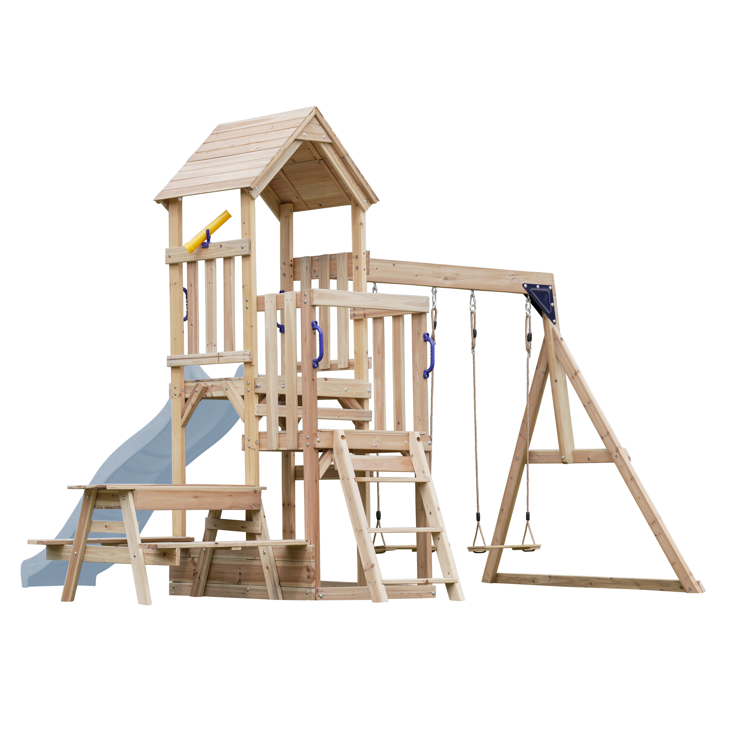 AXI Mette Climbing Frame with Double Swing Set and Picnic Table - Pastel Blue Slide