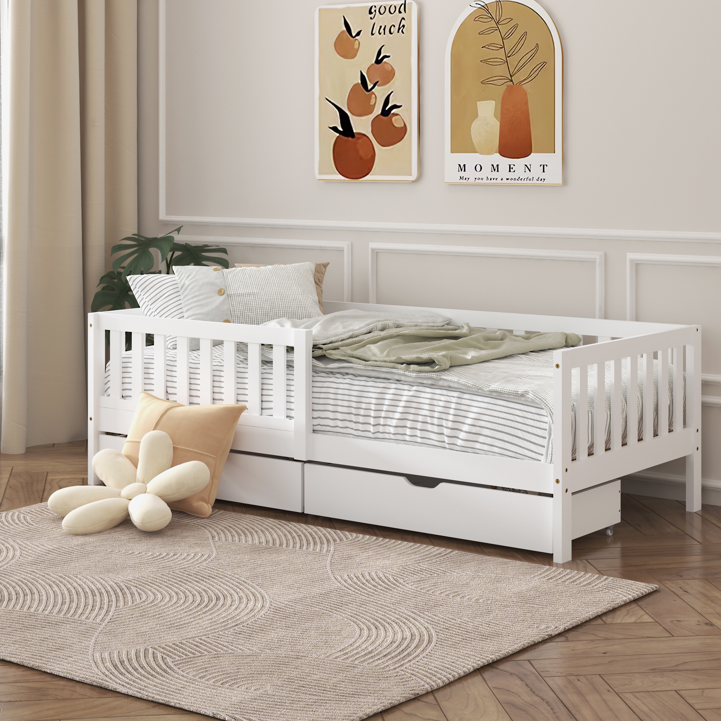 Sunny Isa Kids Bed with 2 Storage Drawers and Guardrail White – Without Mattress-8720365068553 Sunny Isa Kids Bed with 2 Storage Drawers and Guardrail White – Without Mattress