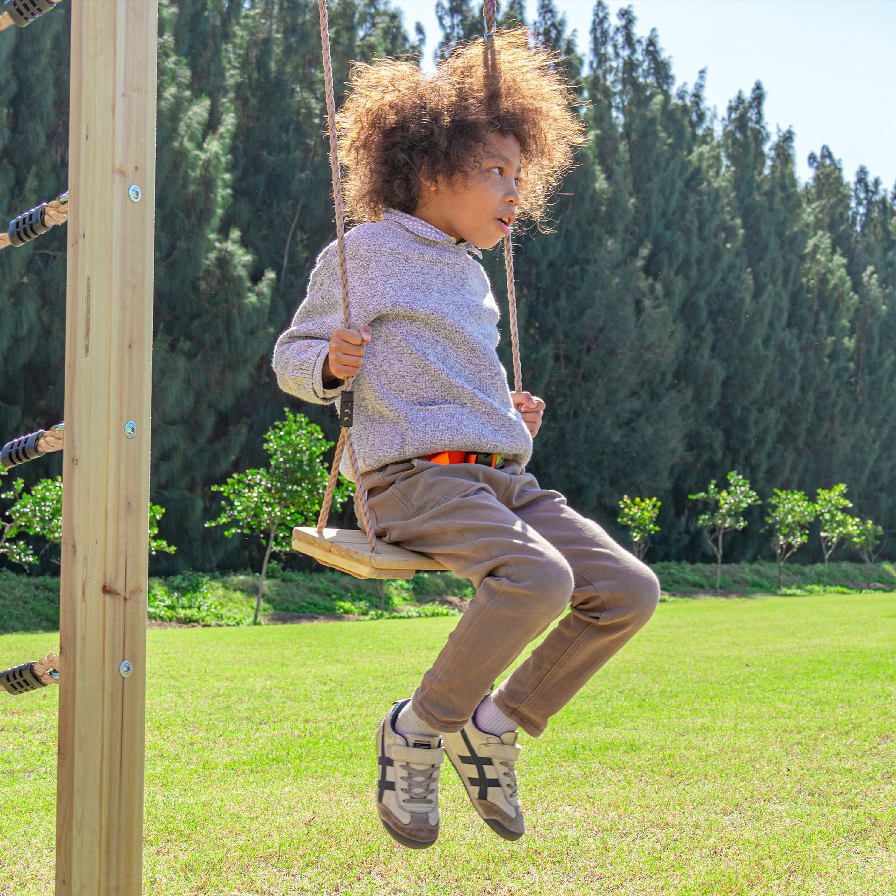 AXI Boris Wooden Playcentre with Swings. Trapeze. Climbing Nets and Monkey Bars – Red Slide