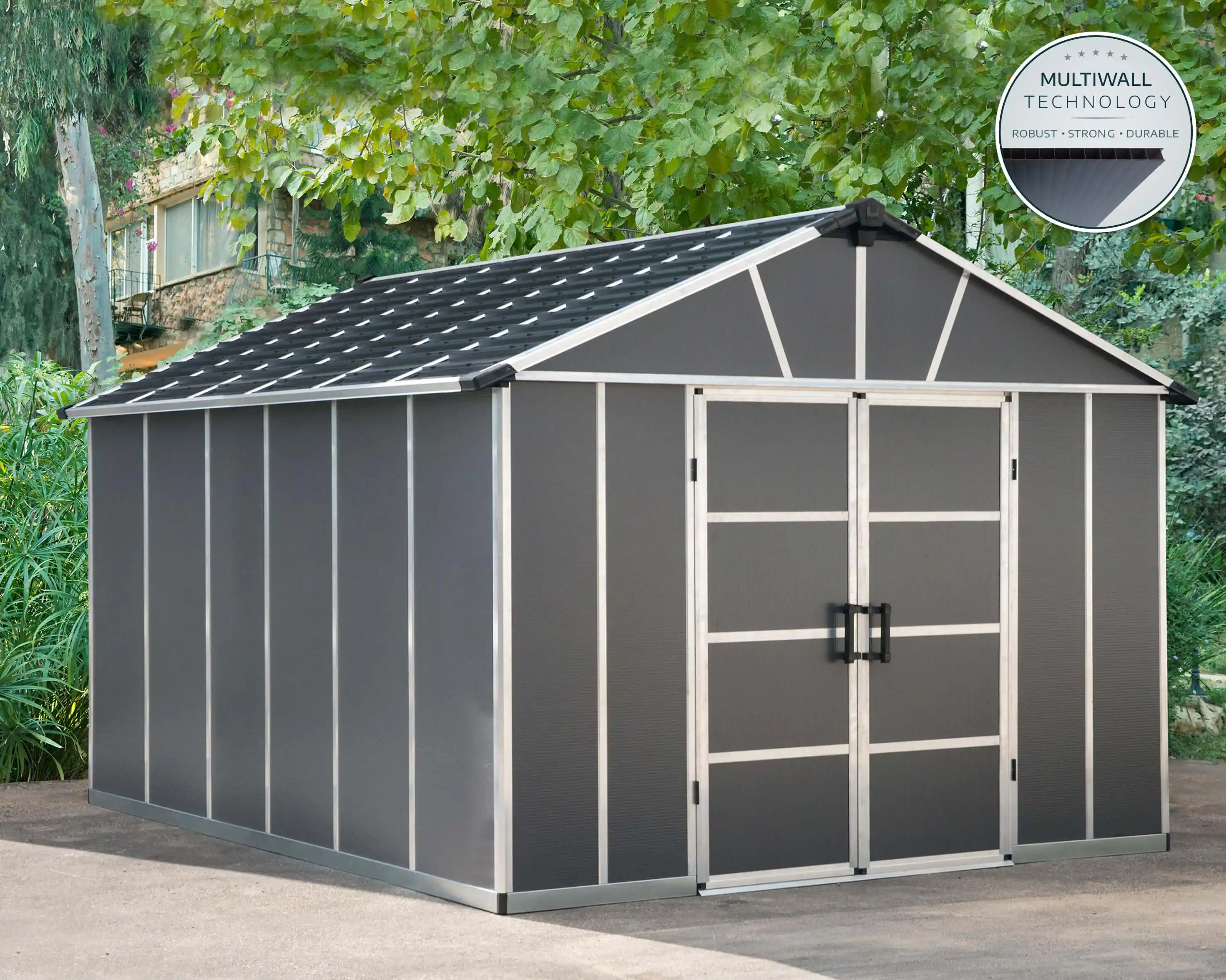 Canopia Yukon grote 395X332 cm schuur met vloer Donkergrijs-7290108137316 Canopia Yukon grote 395X332 cm schuur met vloer Donkergrijs