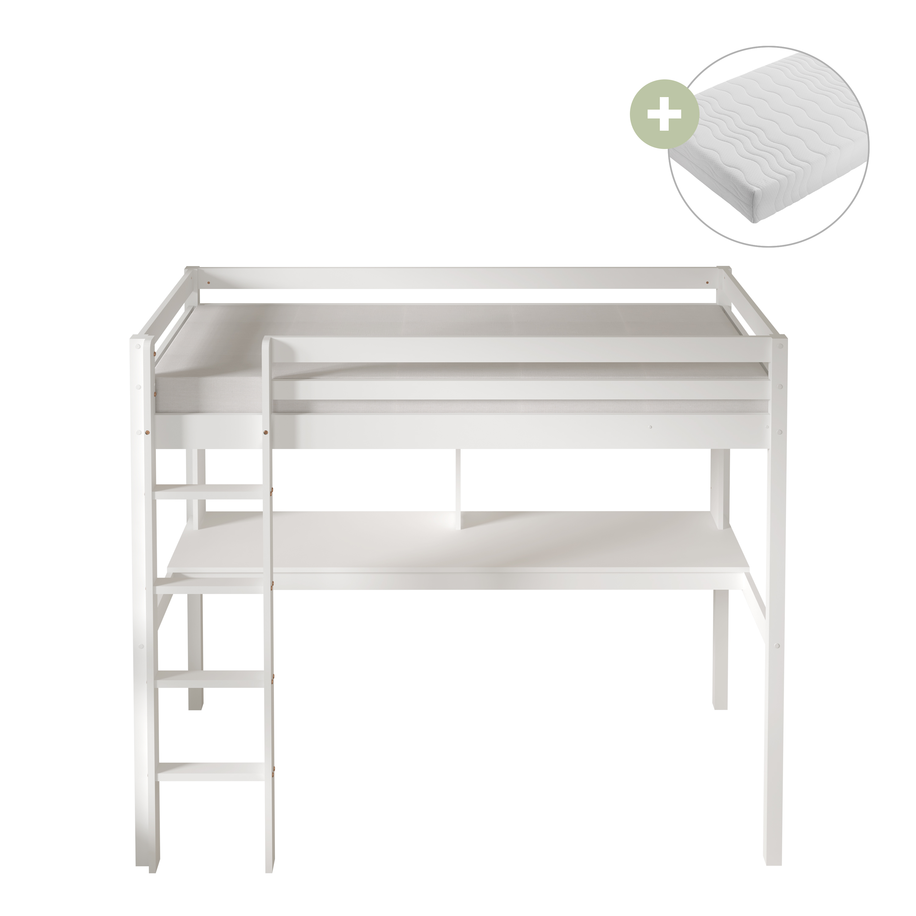 Sunny Sil Loft Bed with Desk White – With Mattress-8720365069345 Sunny Sil Loft Bed with Desk White – With Mattress