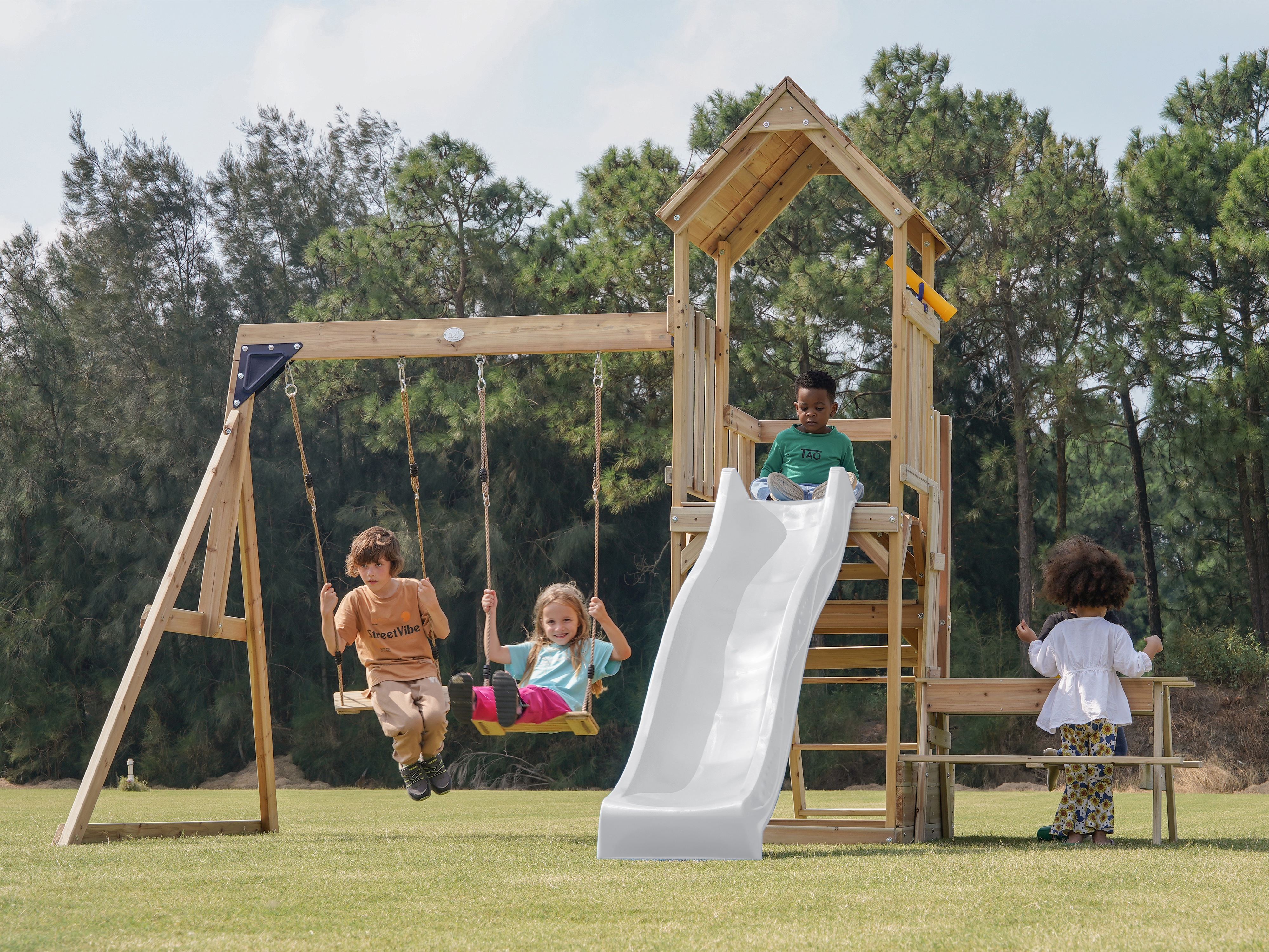 AXI Mette Climbing Frame with Double Swing Set and Picnic Table - White Slide