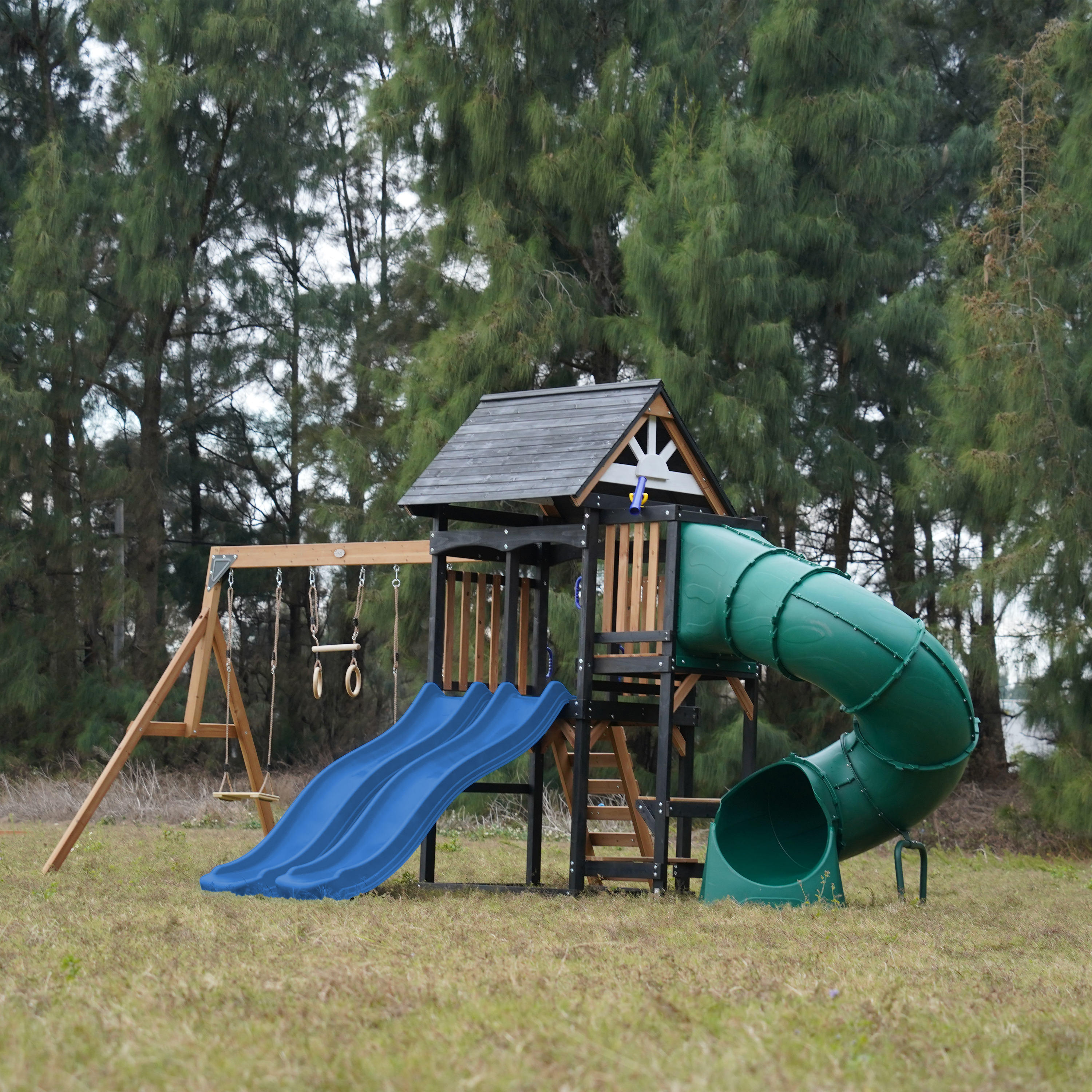 AXI Cody Climbing Frame with Swings. Trapeze and Climbing Wall – Blue Double Slide and Tube Slide