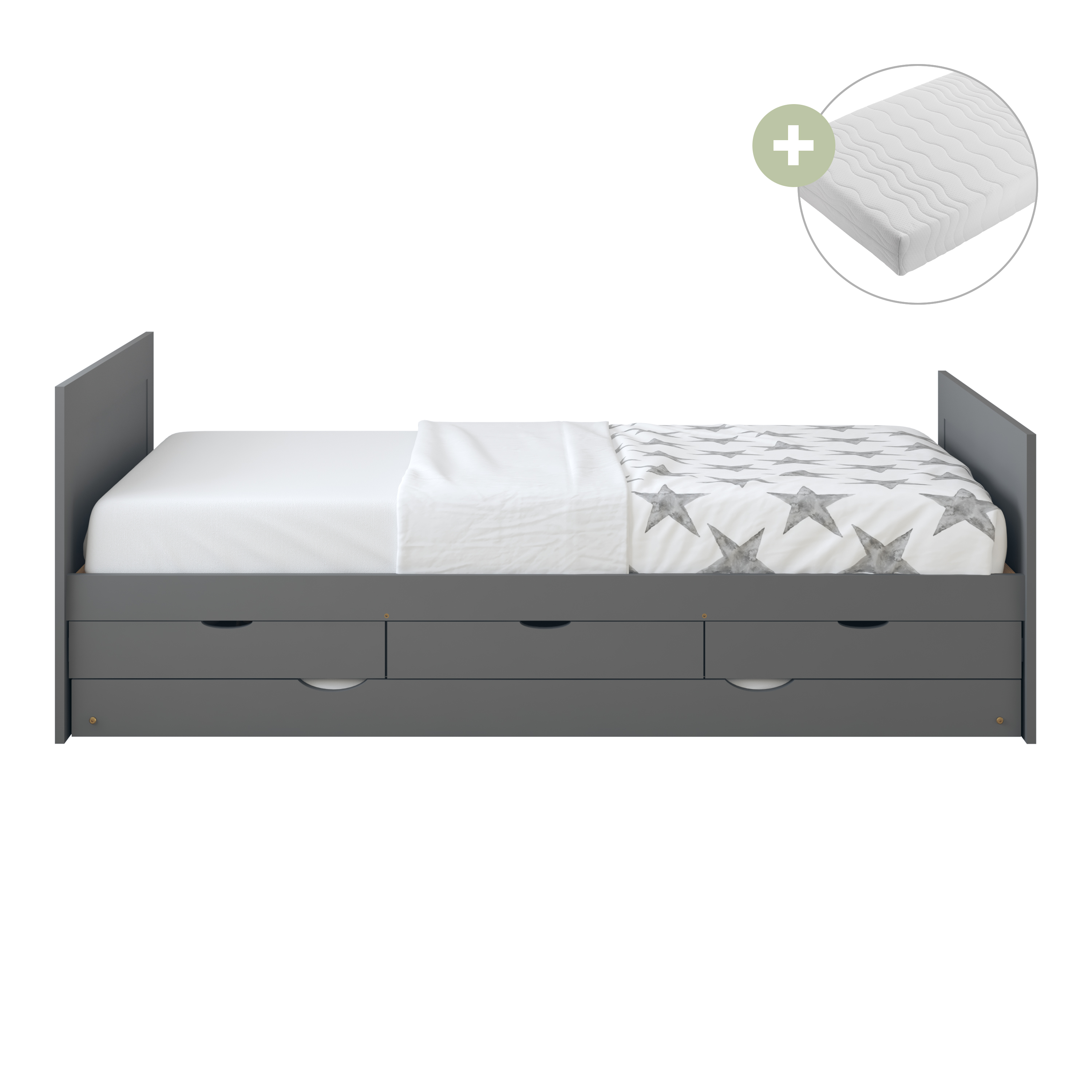 Sunny Eli Kids Bed with Pull-Out Bed and 3 Storage Drawers Grey – With Mattress-8720365069321 Sunny Eli Kids Bed with Pull-Out Bed and 3 Storage Drawers Grey – With Mattress