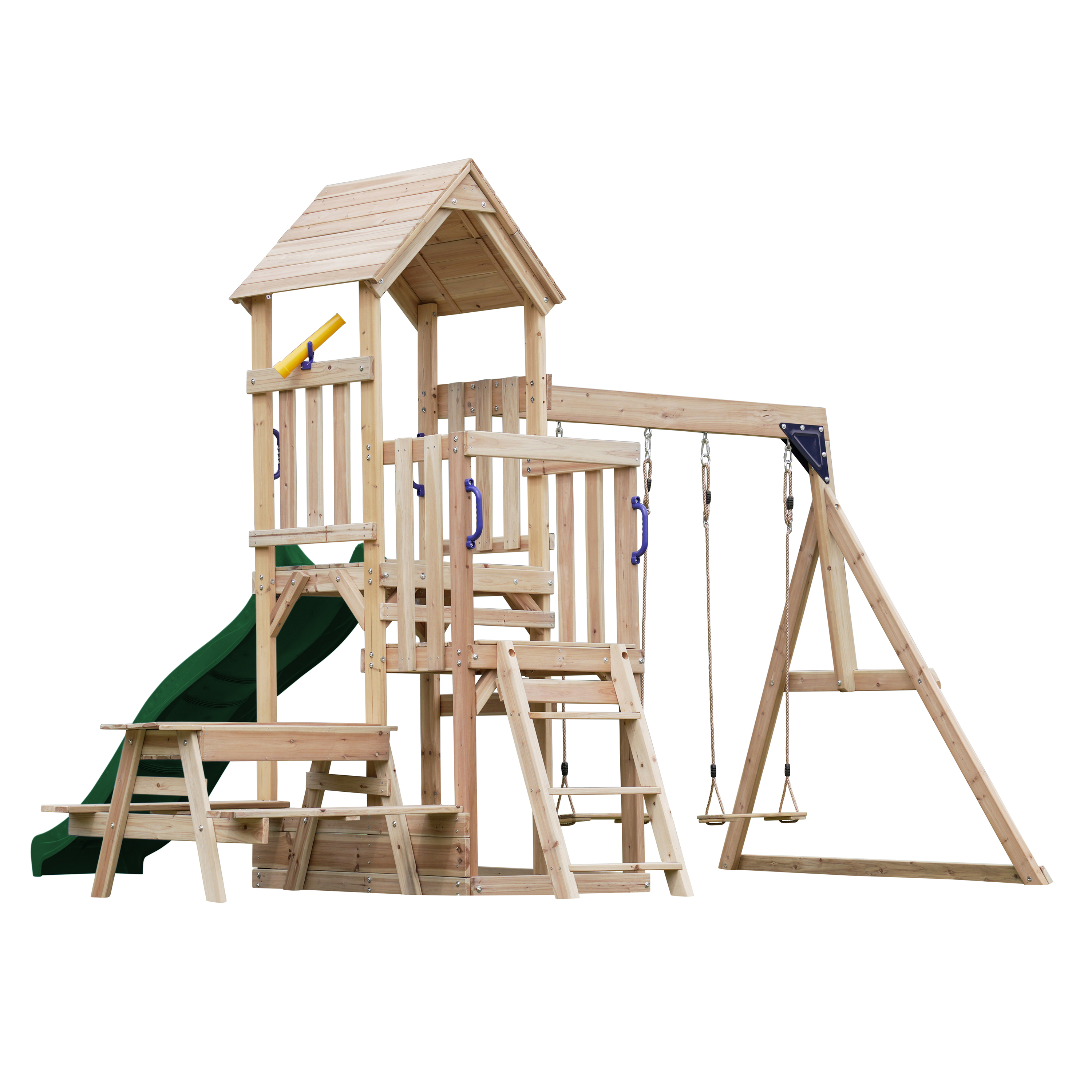 AXI Mette Climbing Frame with Double Swing Set and Picnic Table - Green Slide