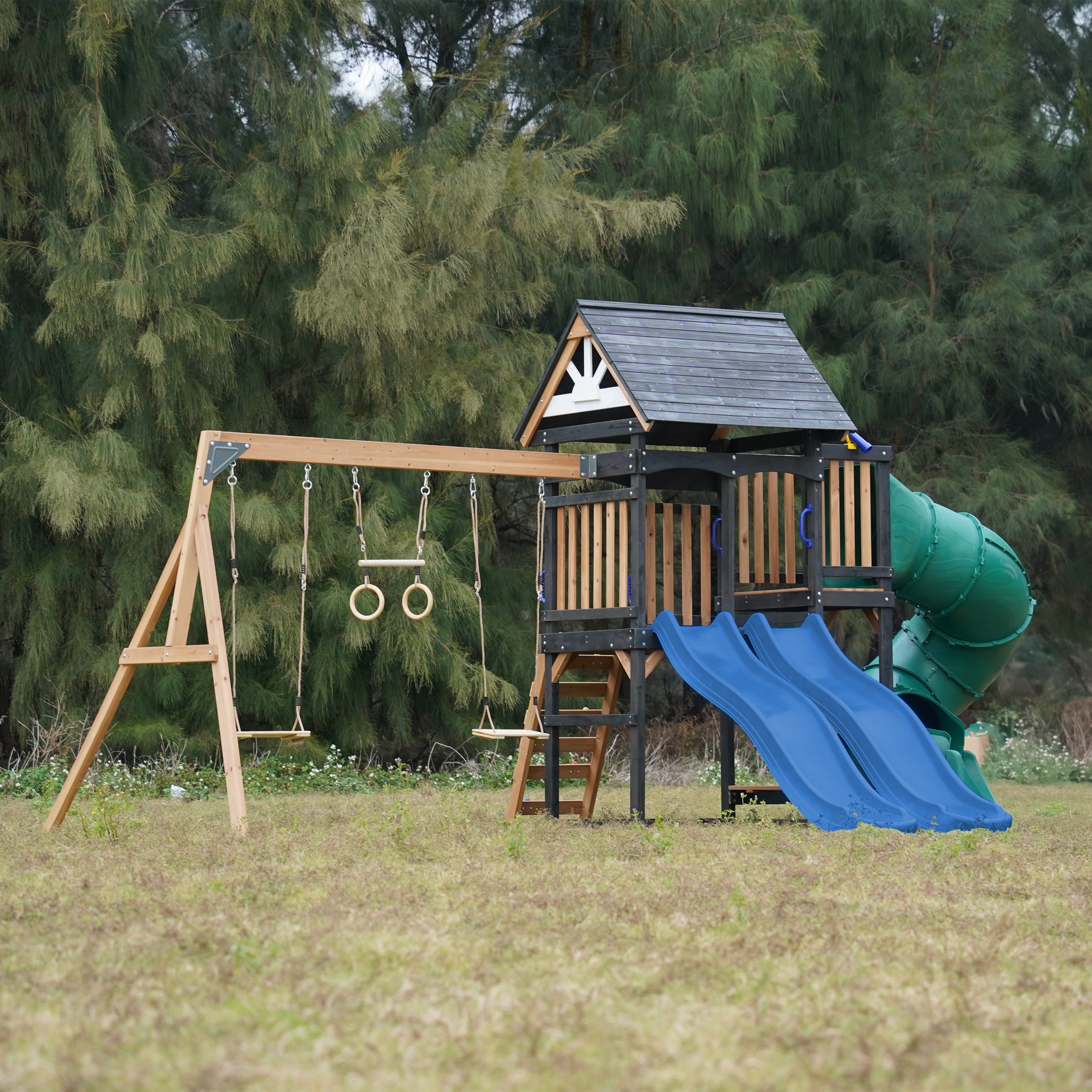 AXI Cody Climbing Frame with Swings. Trapeze and Climbing Wall – Blue Double Slide and Tube Slide