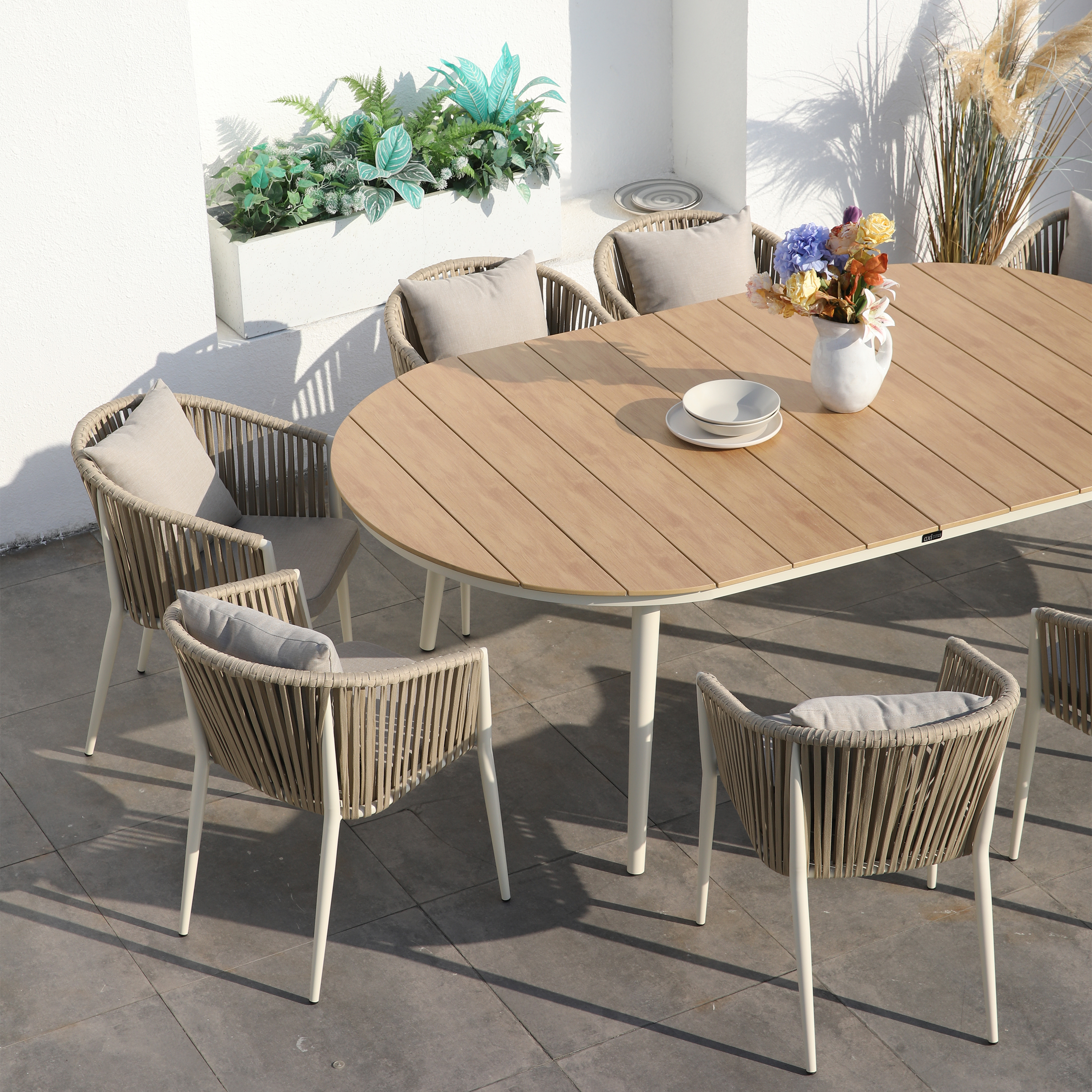 AXI Chay Garden Set with 8 Chairs – Beige with Polywood in Wood Effect