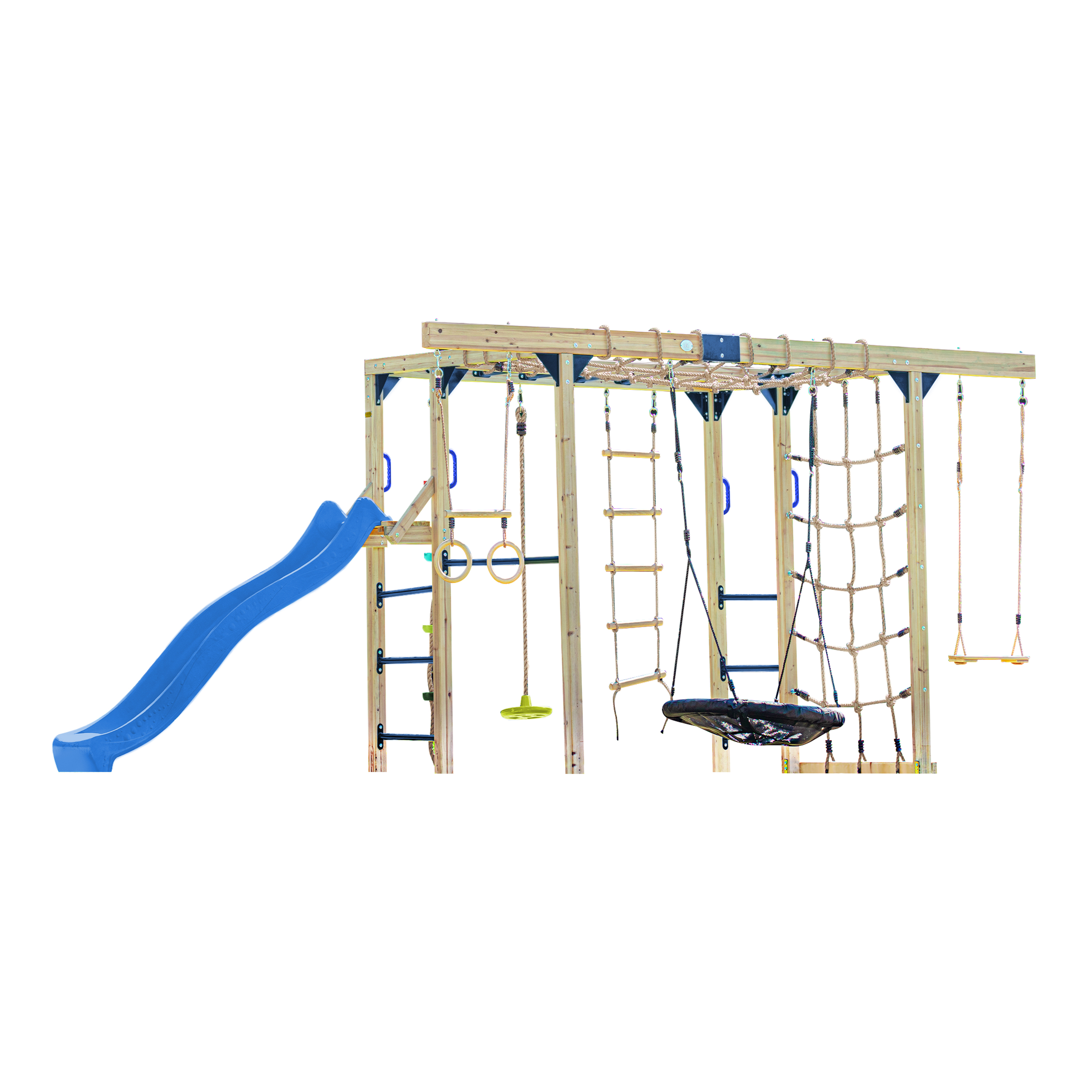 AXI Boris Wooden Playcentre with Swings, Trapeze, Climbing Nets and Monkey Bars – Blue Slide