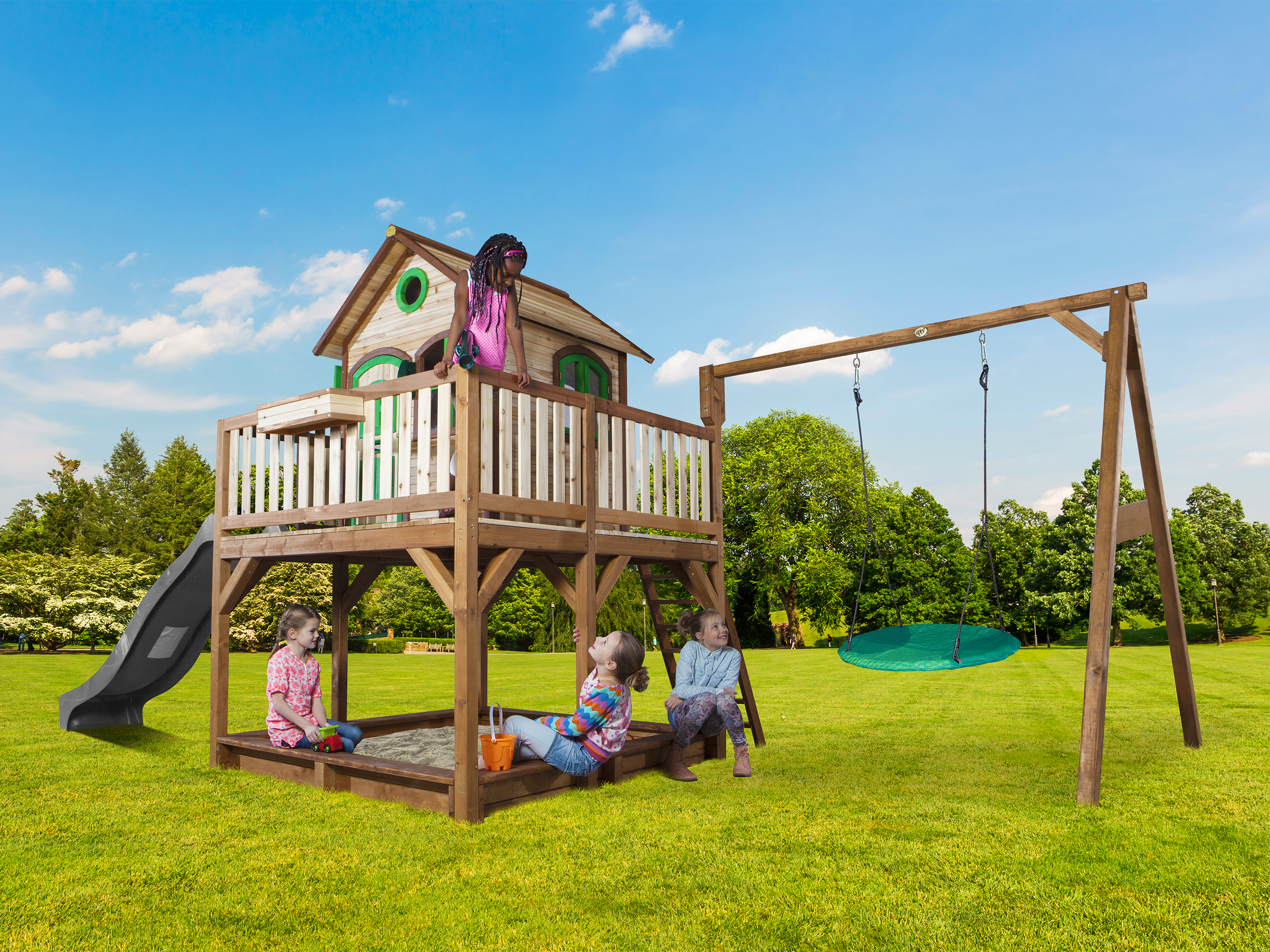 AXI Liam Playhouse with Summer Nest Swing Set Brown/Green - Grey Slide-8717973937685 AXI Liam Playhouse with Summer Nest Swing Set Brown/Green - Grey Slide