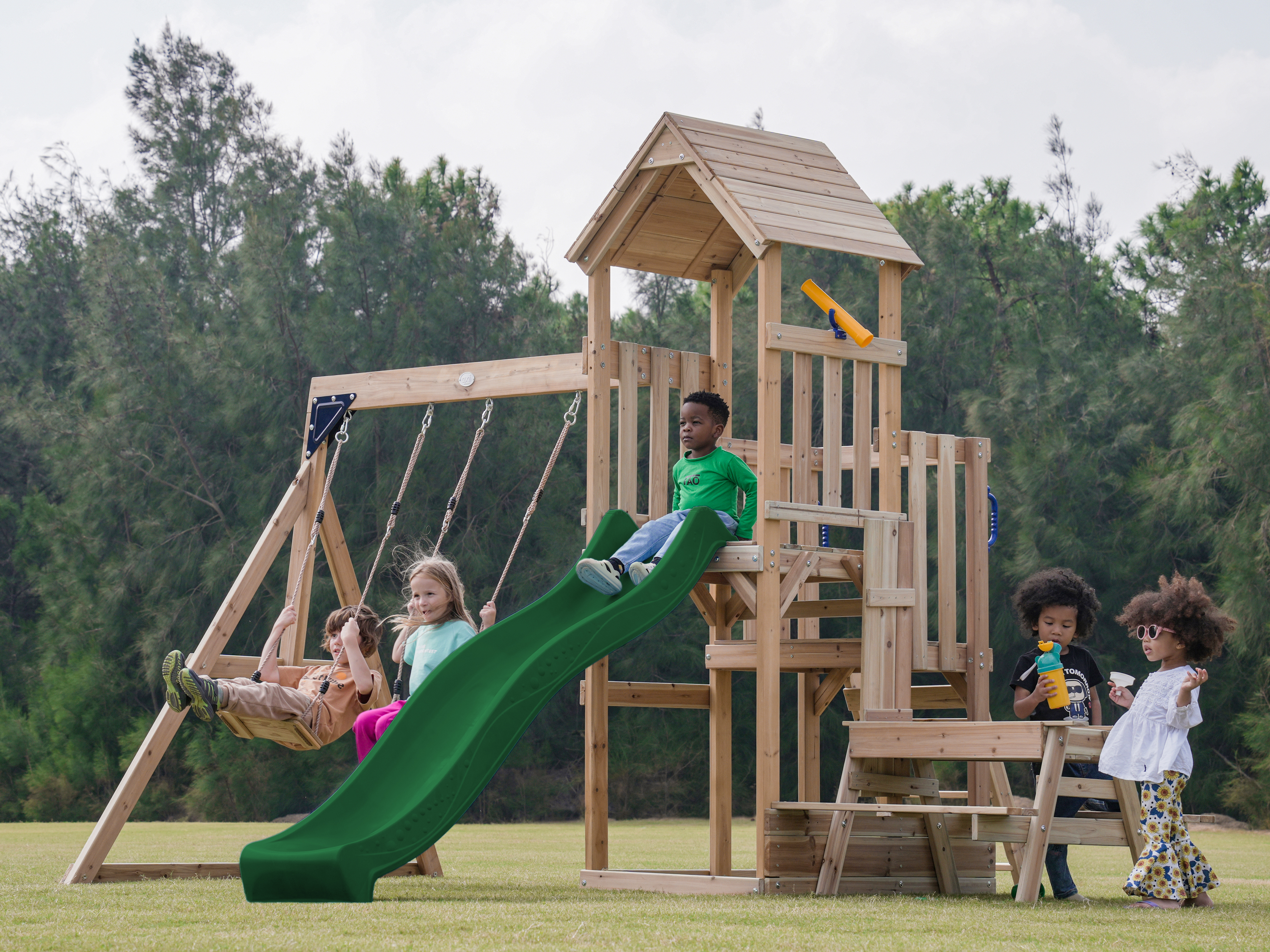 AXI Mette Climbing Frame with Double Swing Set and Picnic Table - Green Slide