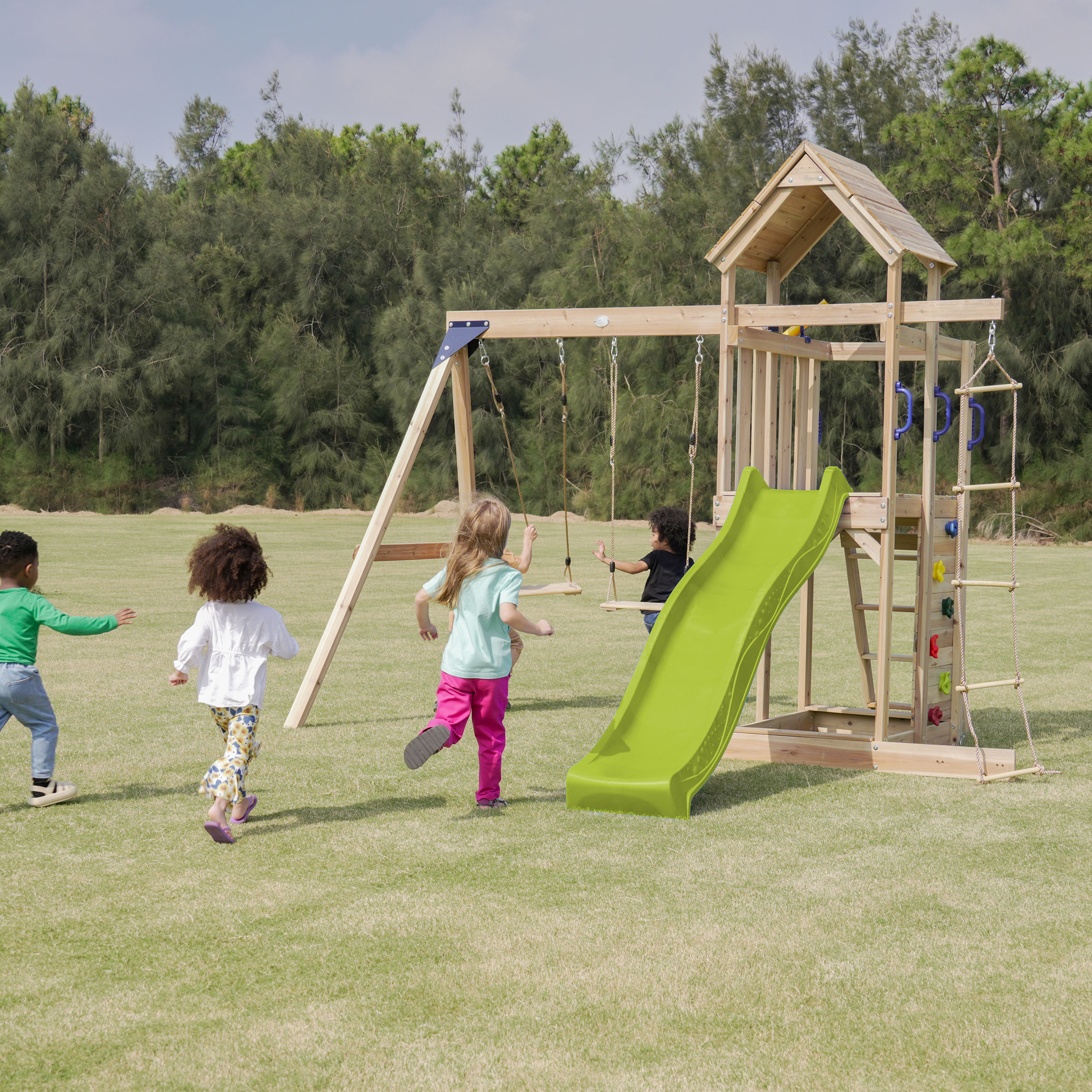 AXI Moos Climbing Frame with Double Swing Set - Lime Green Slide