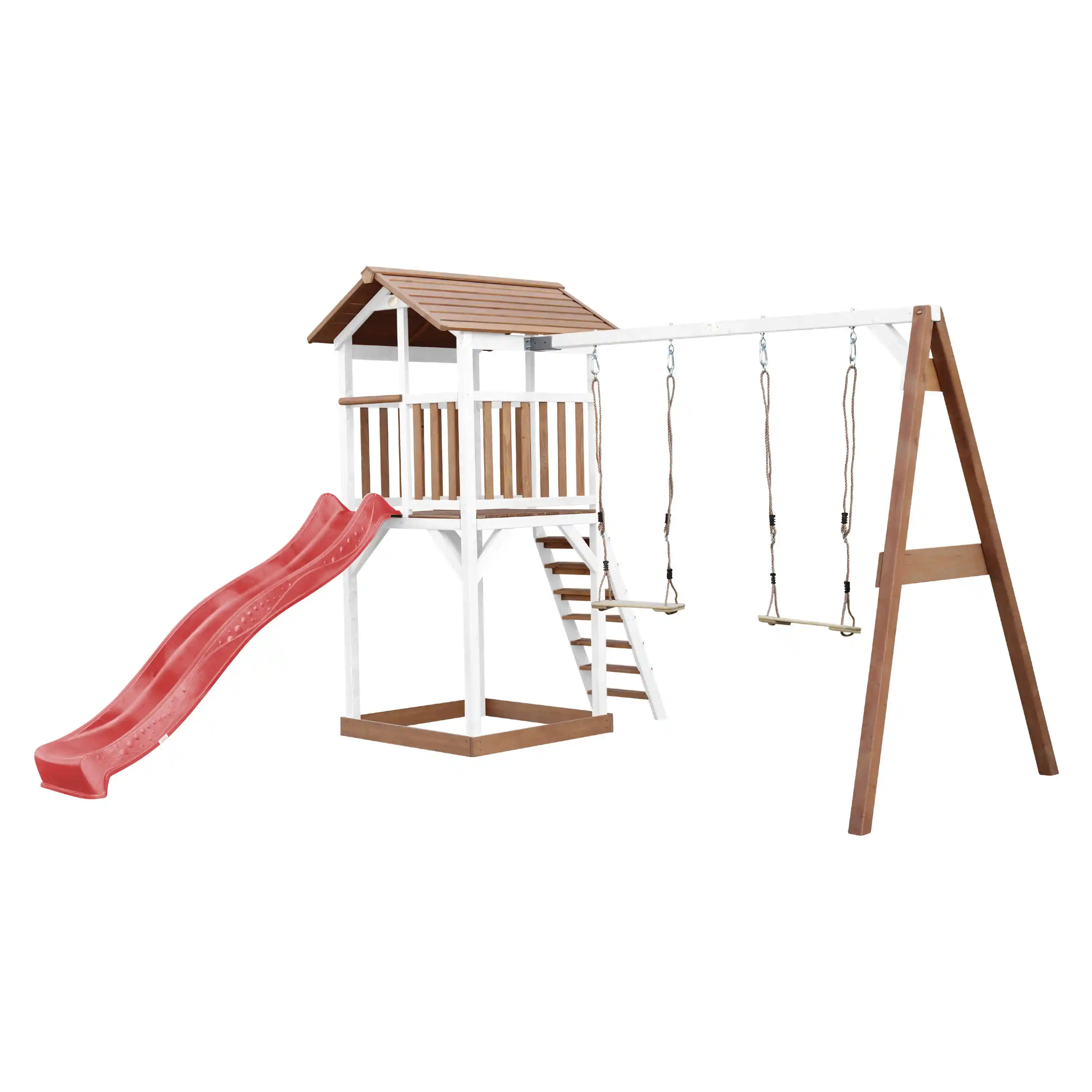AXI Beach Tower Speeltoren met Dubbele Schommel Bruin/wit - Rode Glijbaan