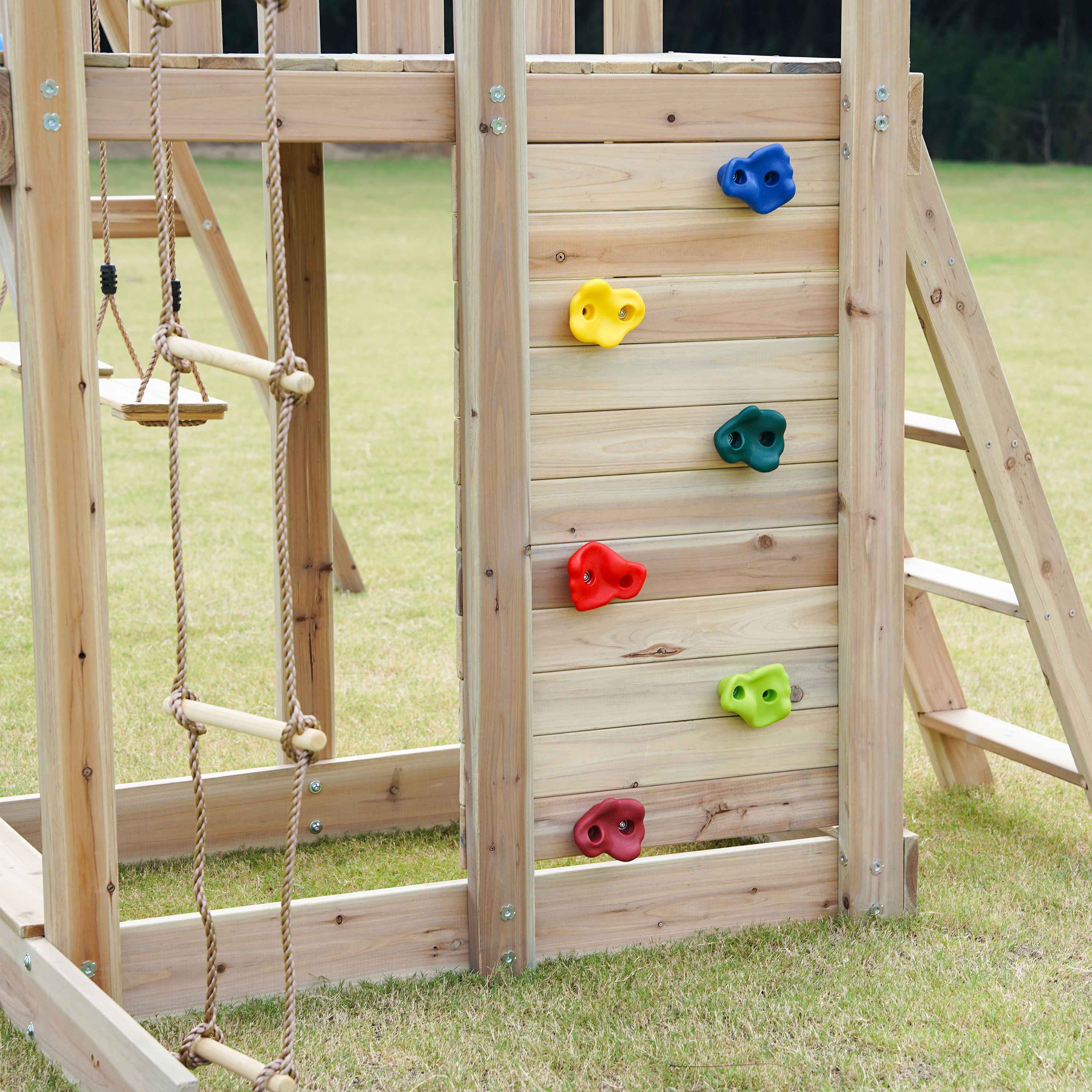 AXI Moos Play Set with Double Swing and Rope Ladder Brown - Blue Slide -8720365062100 AXI Moos Play Set with Double Swing and Rope Ladder Brown - Blue Slide