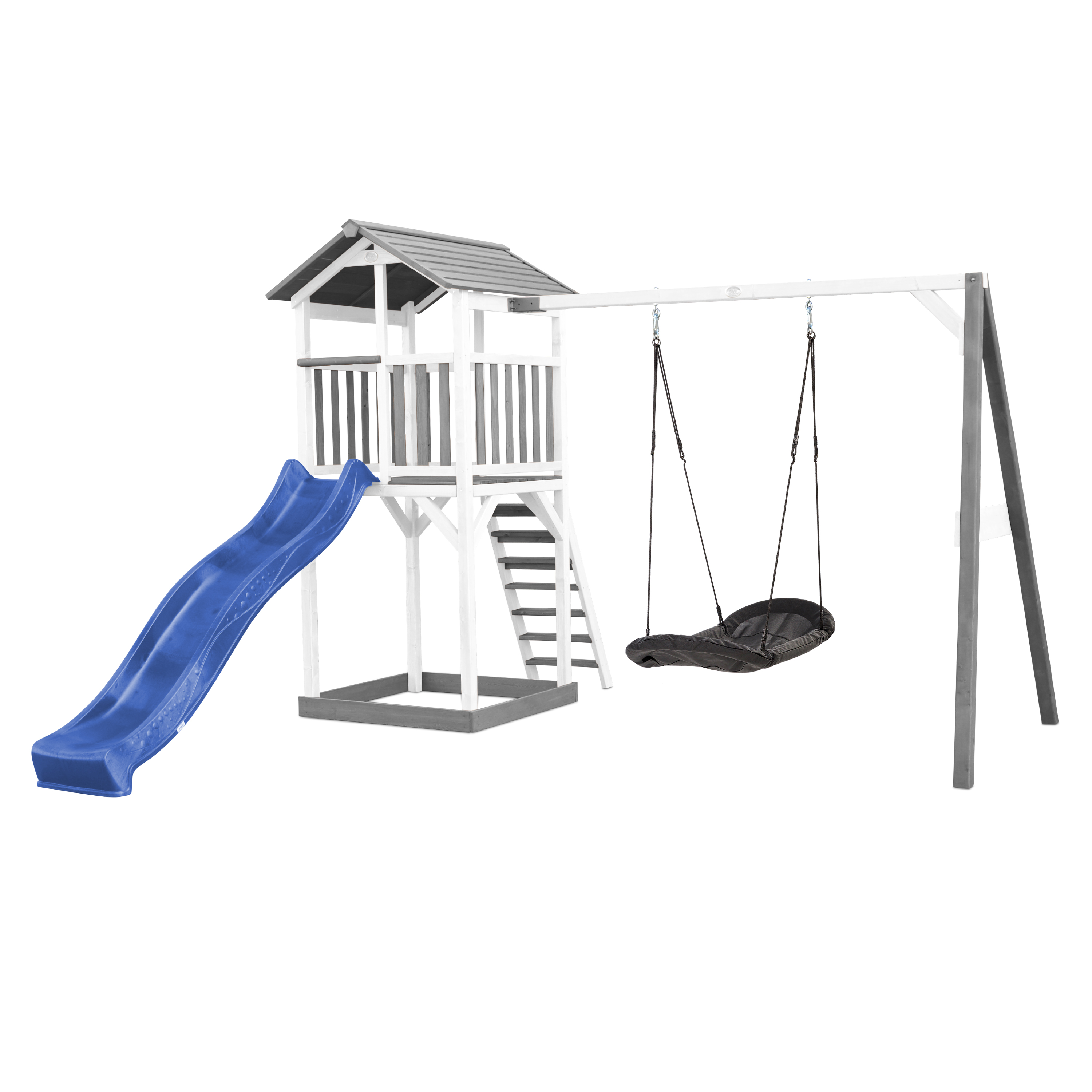 AXI Beach Tower with Roxy Nest Swing Set Grey/White - Blue Slide-8717973936220 AXI Beach Tower with Roxy Nest Swing Set Grey/White - Blue Slide
