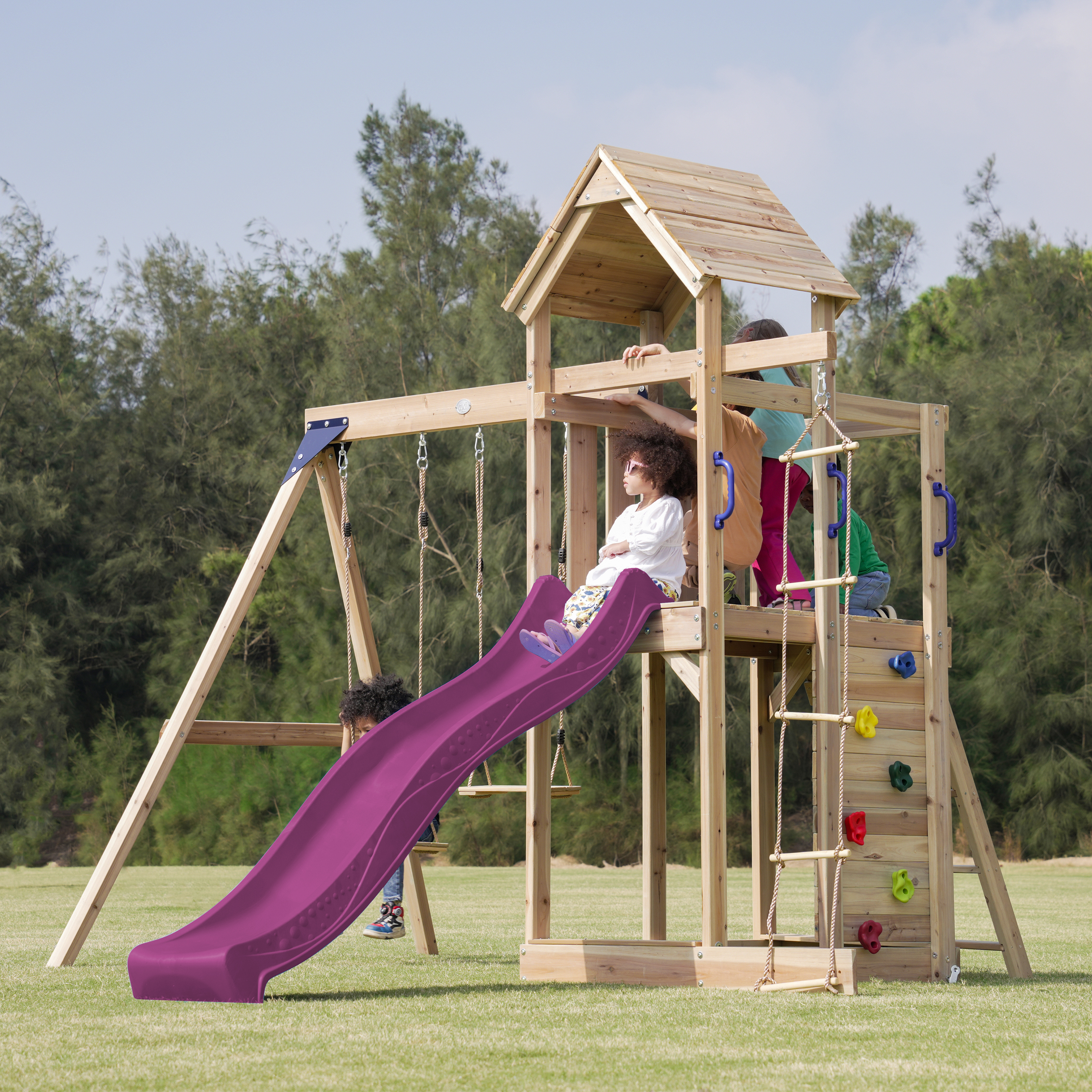 AXI Moos Climbing Frame with Double Swing Set - Purple Slide
