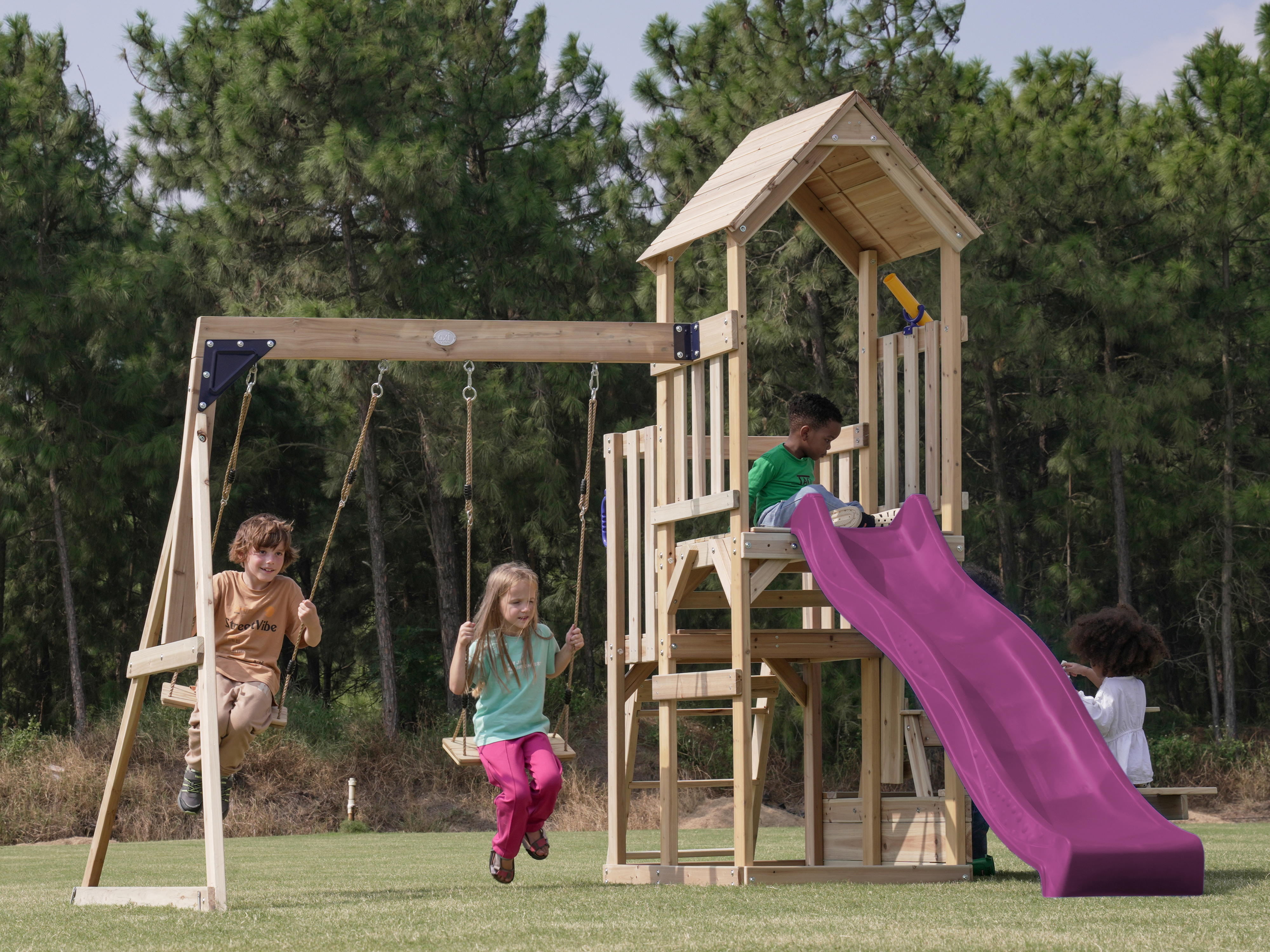 AXI Mette Aire de jeux avec balançoire double marron - violet toboggan