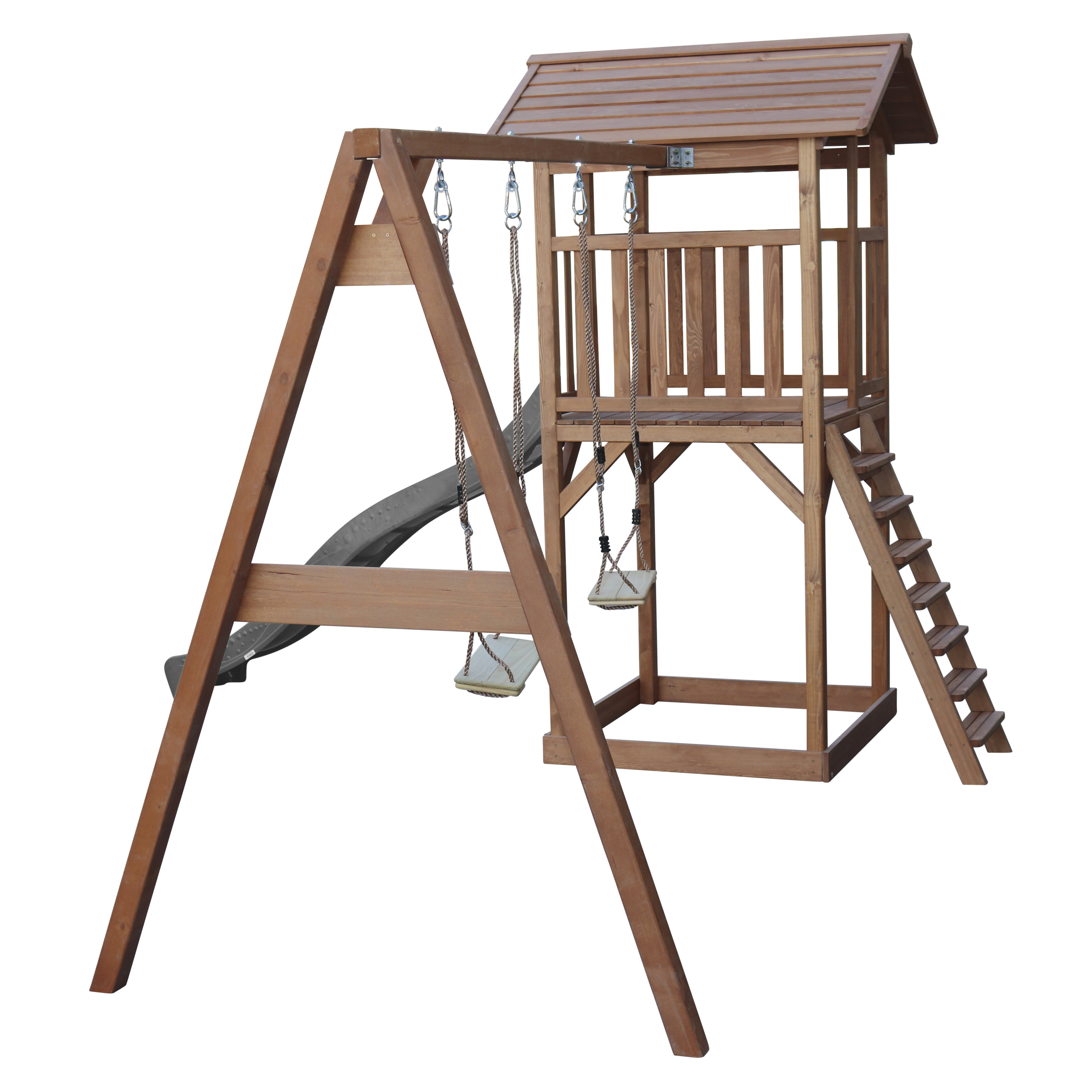 AXI Beach Tower with Double Swing Set Brown - Grey Slide-8717973939153 AXI Beach Tower with Double Swing Set Brown - Grey Slide