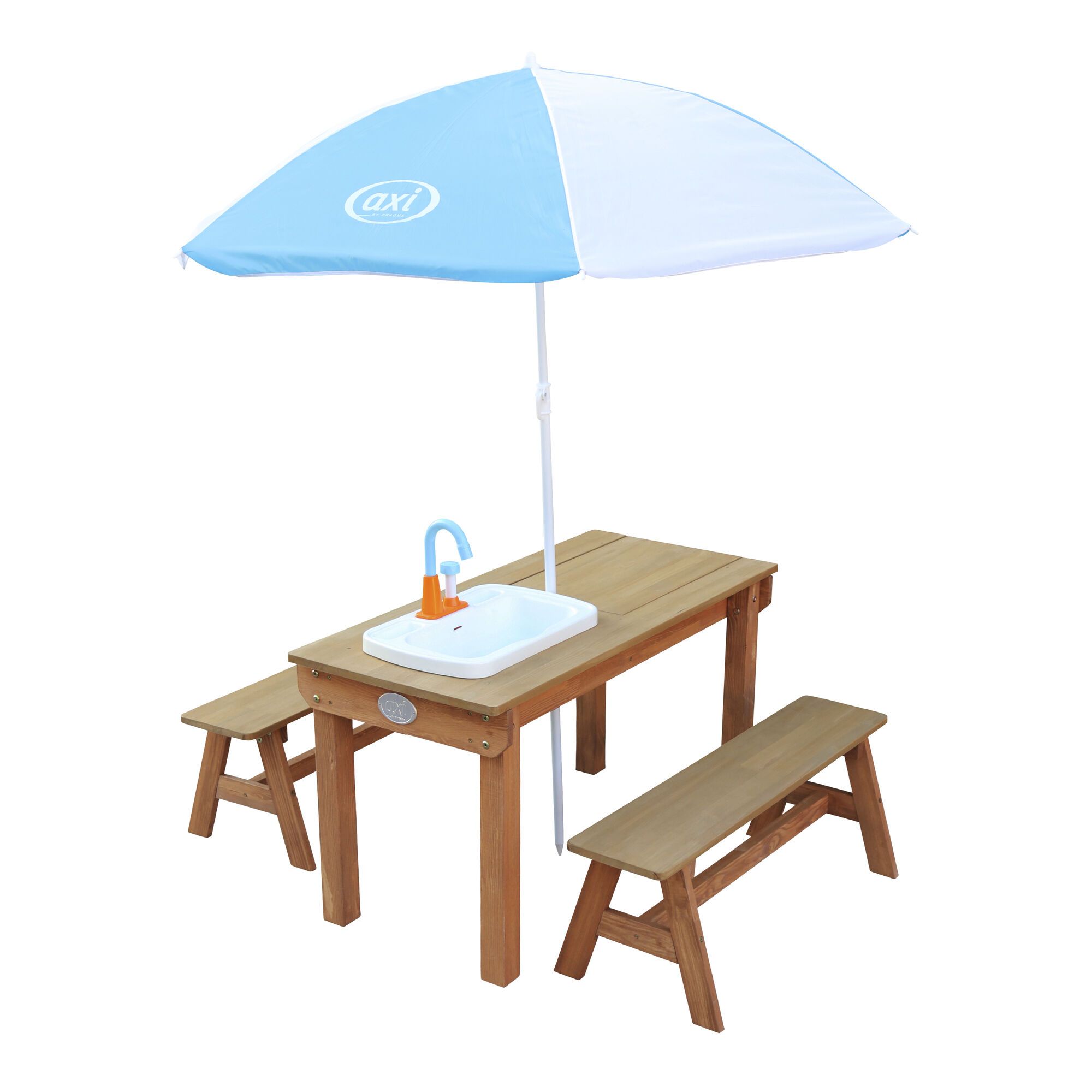 AXI Dennis Table de pique nique Sable et eau Marron avec évier de cuisine et bancs séparés Parasol Bleu/Blanc