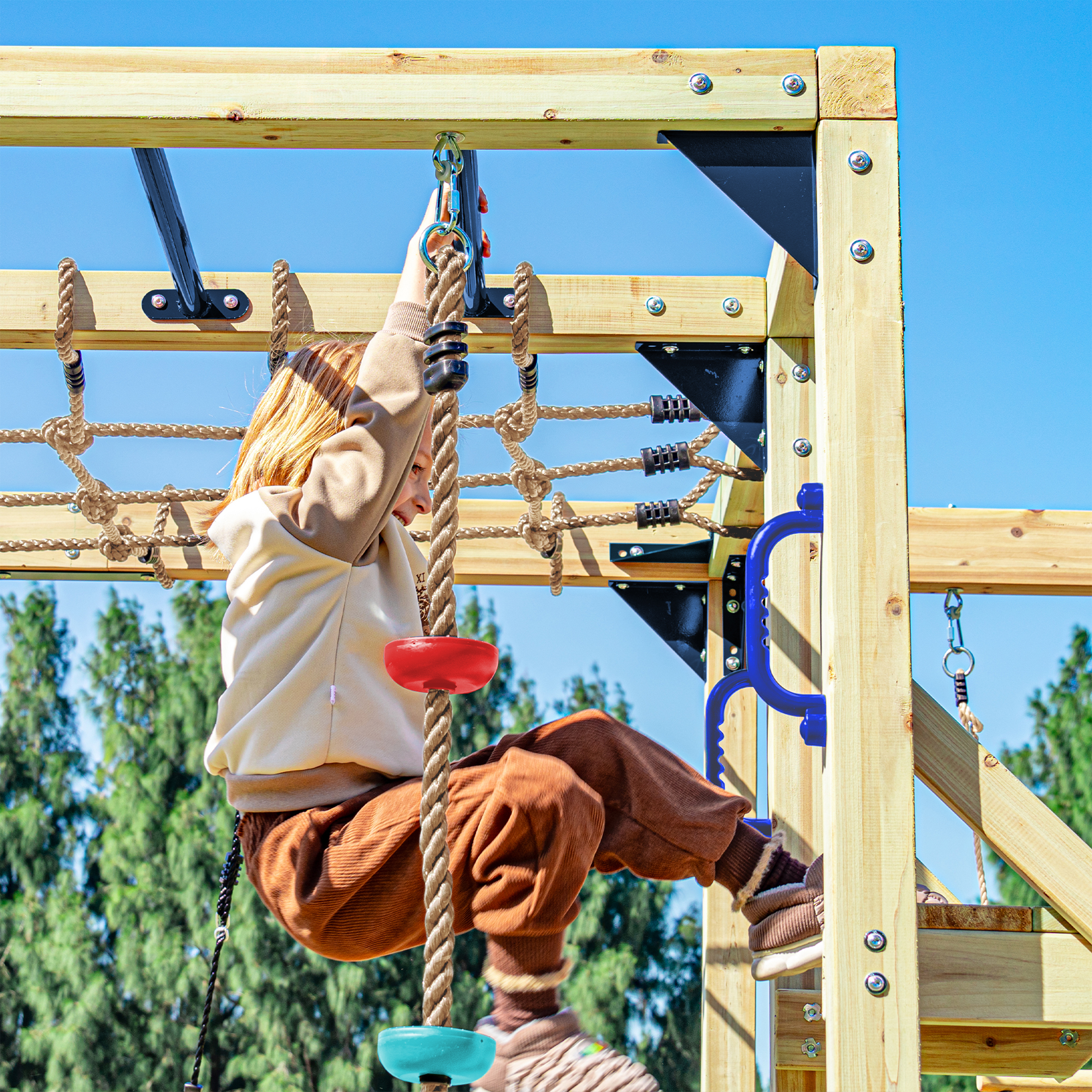 AXI Boris Wooden Playcentre with Swings. Trapeze. Climbing Nets and Monkey Bars – Red Slide