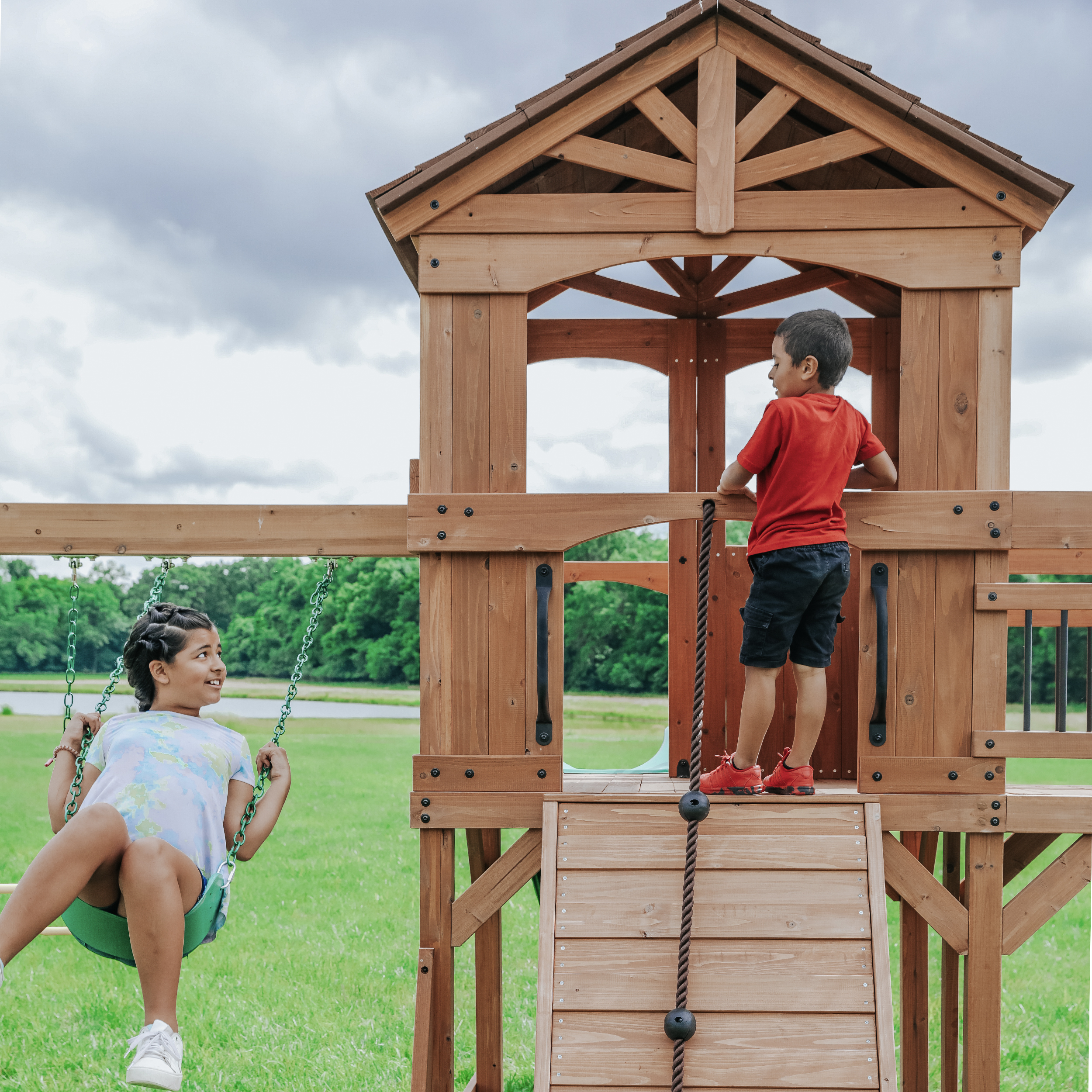 Backyard Discovery Sterling Point Play Set with 3 Swings and Slide - Climbing Wall & Rock Wall - Trapeze - Sandbox - Walkway-0752113300378 Backyard Discovery Sterling Point Play Set with 3 Swings and Slide - Climbing Wall & Rock Wall - Trapeze - Sandbox - Walkway