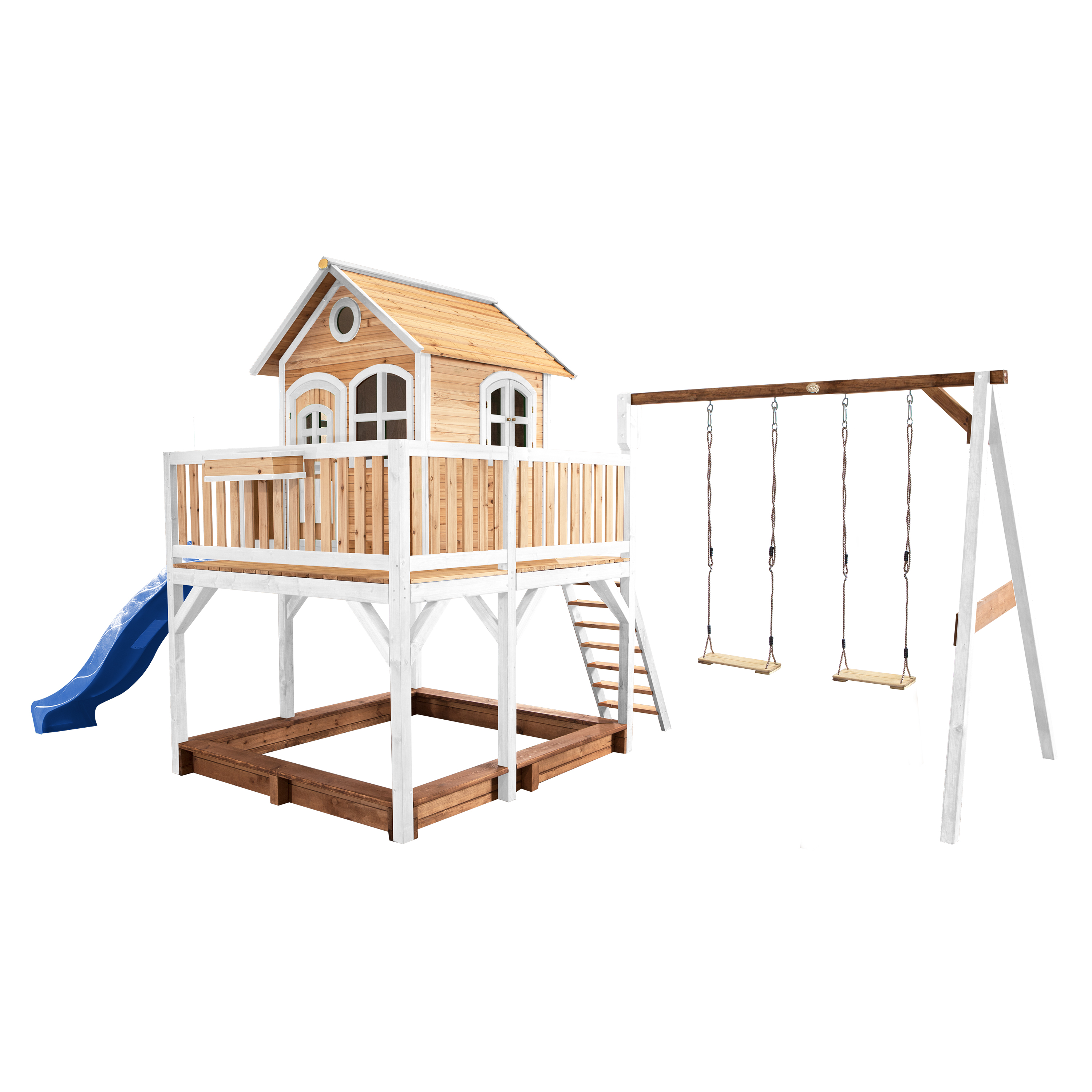 AXI Liam Playhouse with Double Swing Set Brown/White - Blue Slide