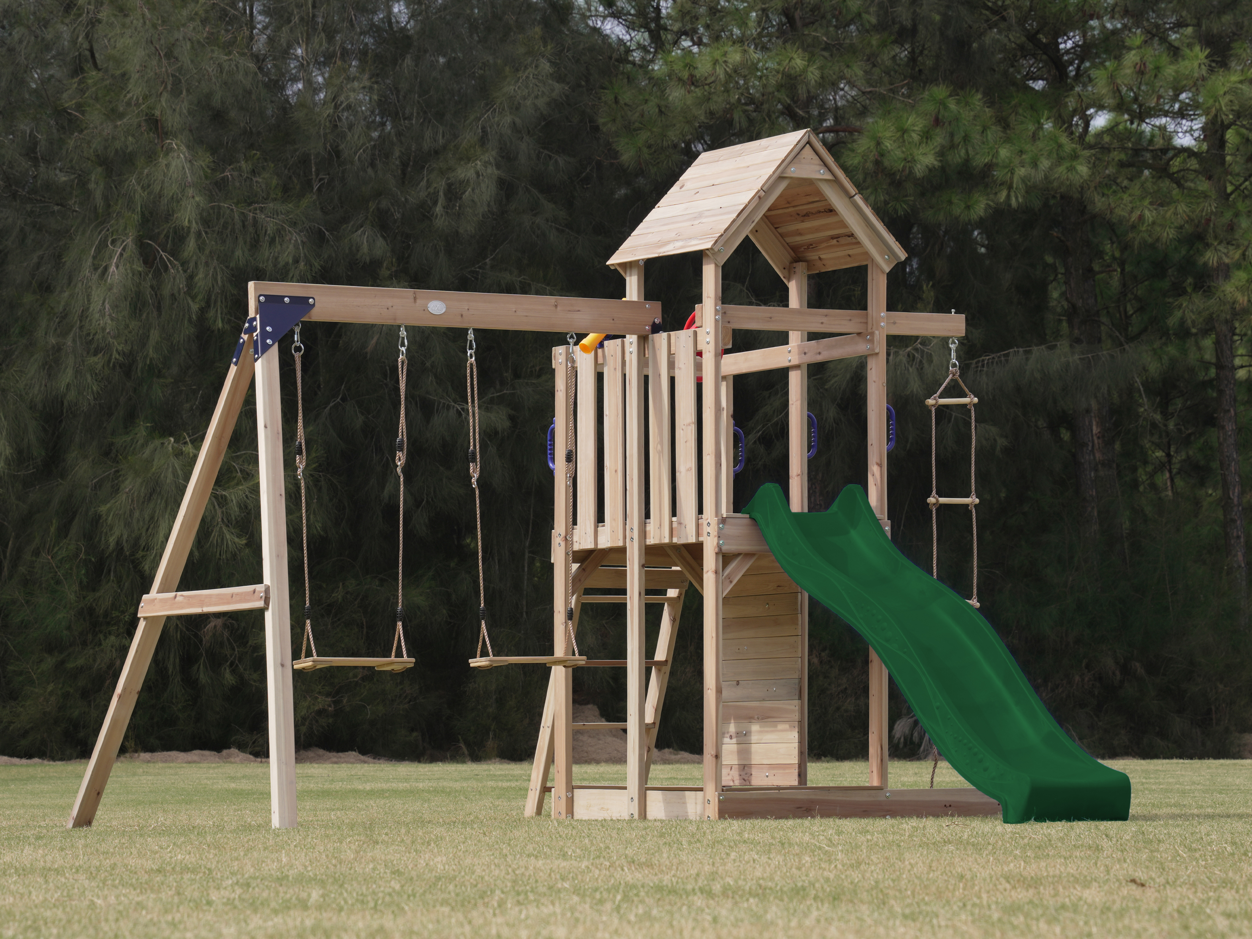 AXI Moos Aire de jeux avec balançoire double et échelle en corde marron - toboggan vert