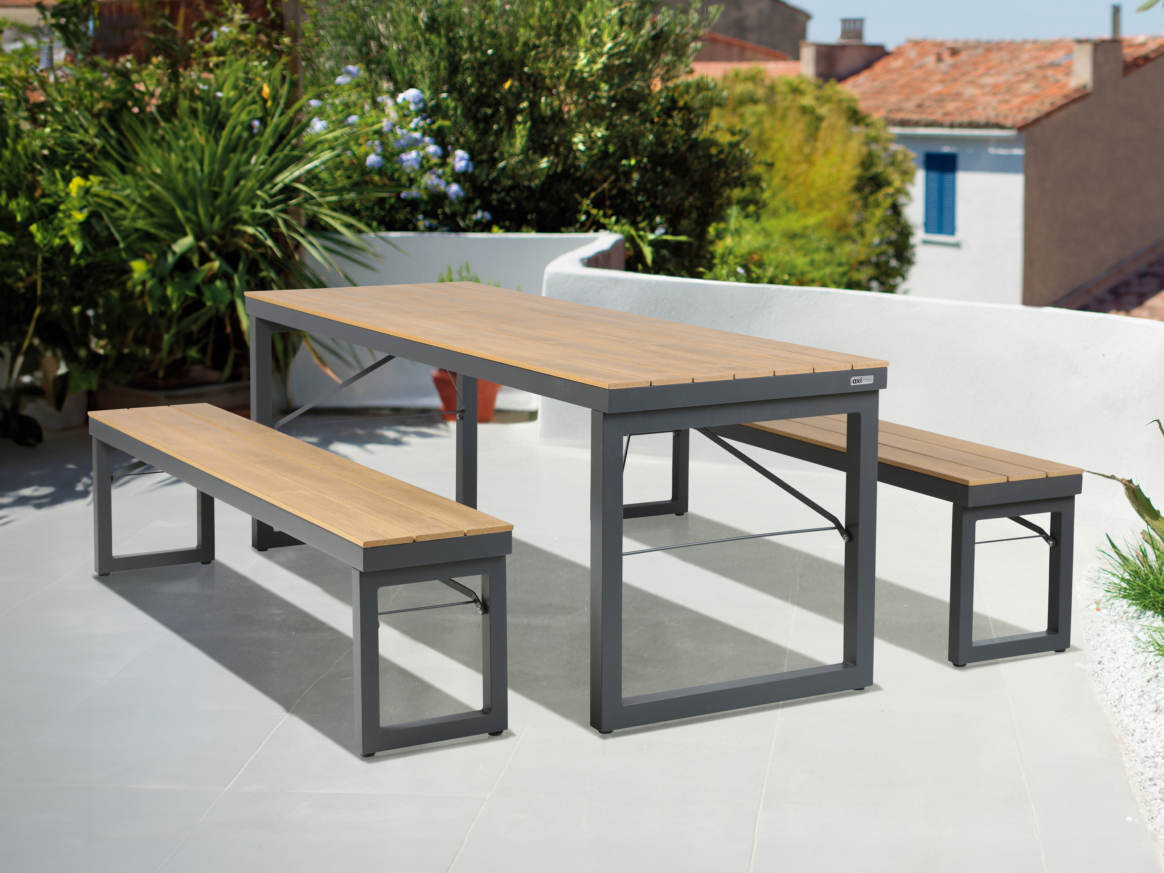 AXI Chianti Garden Set with 2 Benches Anthracite with Teak-look Polywood