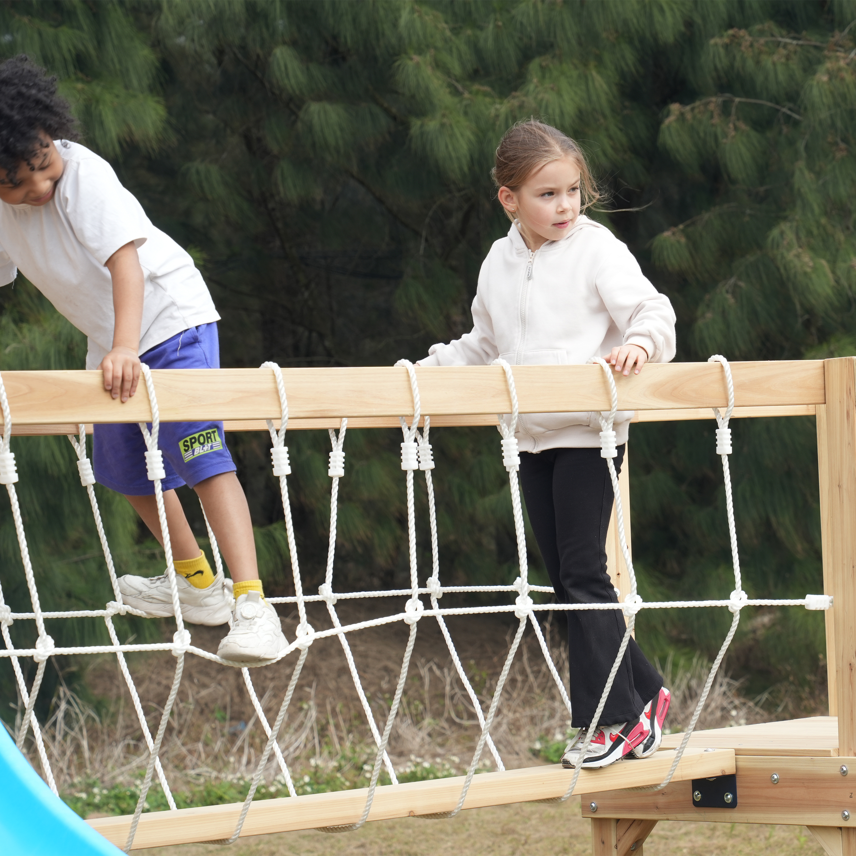 AXI Hunter Climbing Frame with Swings, Climbing Frame, Climbing Bridge and Multiple Platforms – Grey Double Slide
