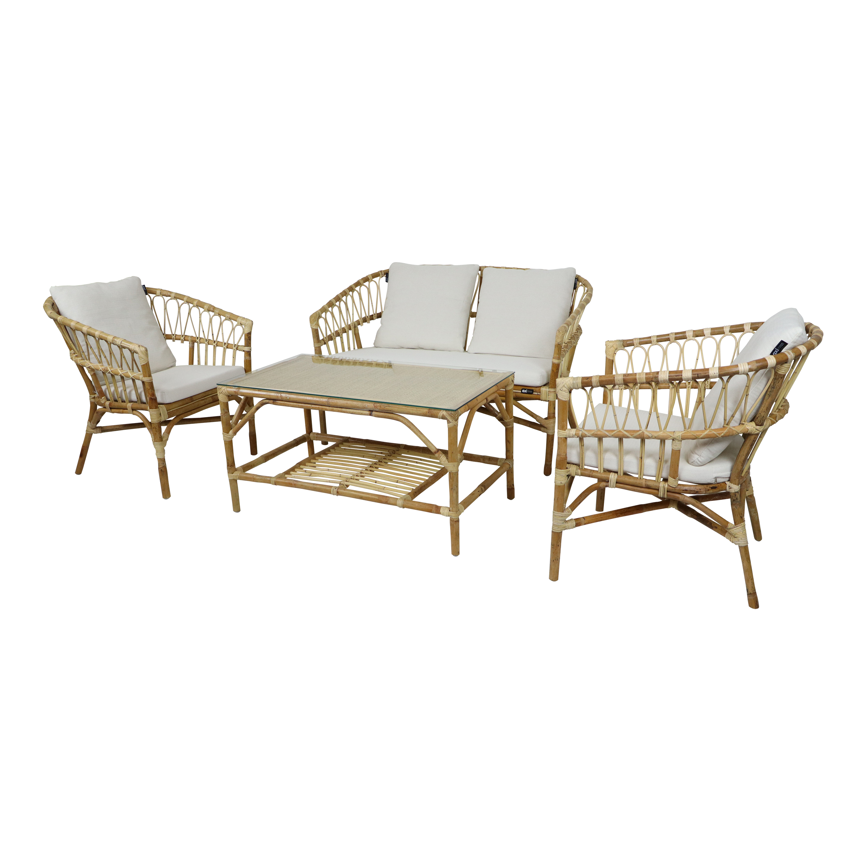 AXI Mary Rattan Lounge Set – 4-Piece with Sofa, Table, and 2 Chairs Natural/White