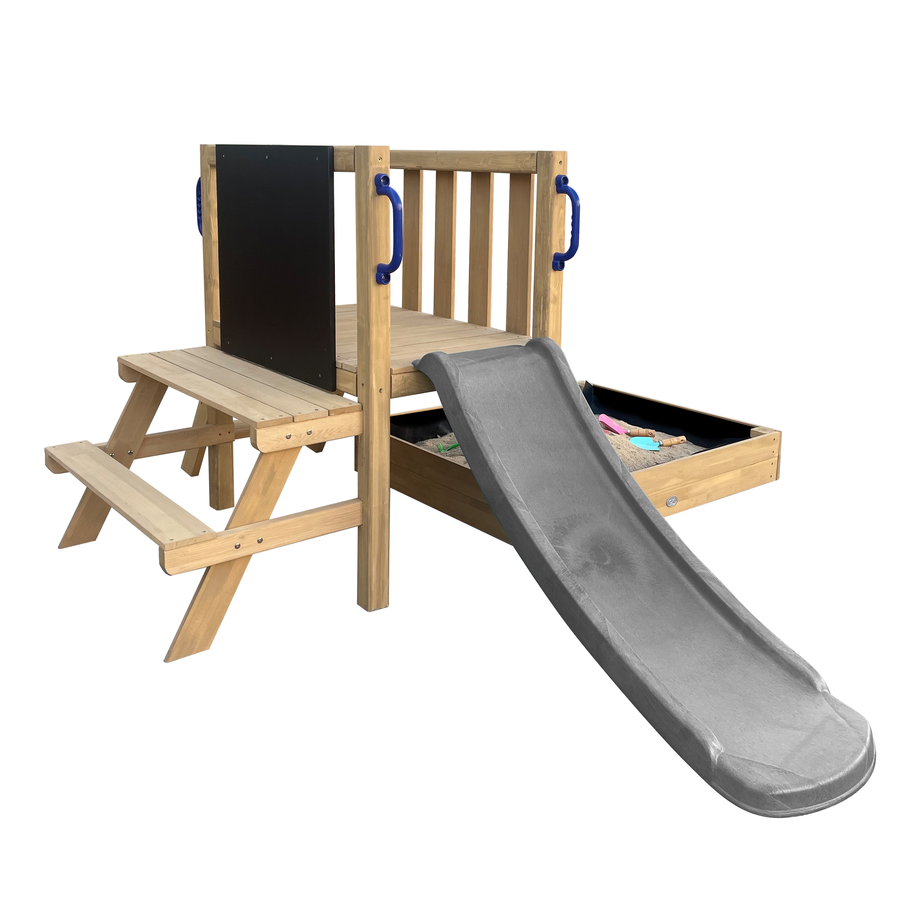 AXI Leah Mini Wooden Playtower with Sandbox, Picnic Table & Chalkboard –  Grey Slide