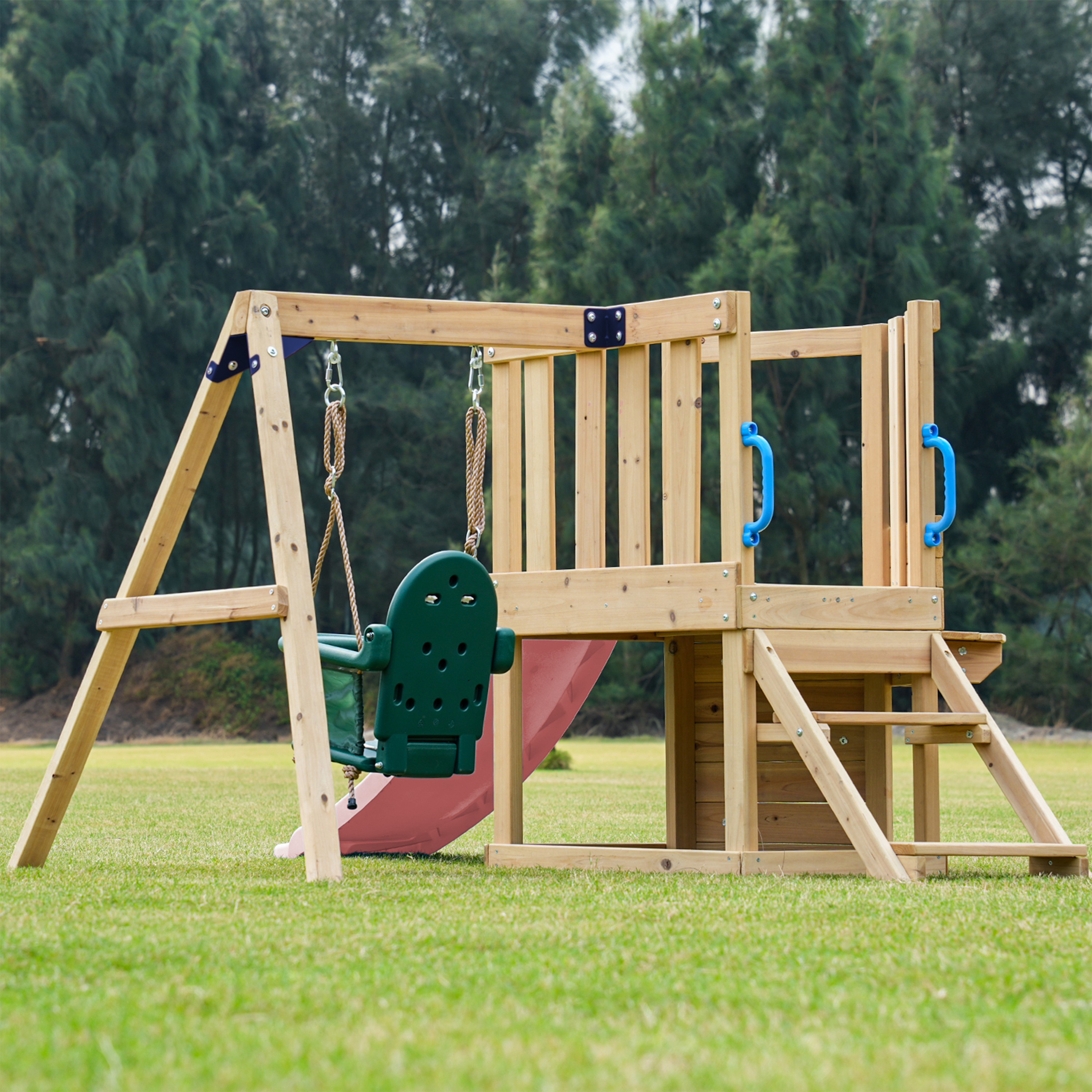 AXI Timo Mini Climbing Frame with Baby Swing. Climbing Wall and Chalkboard – Pastel Pink Slide