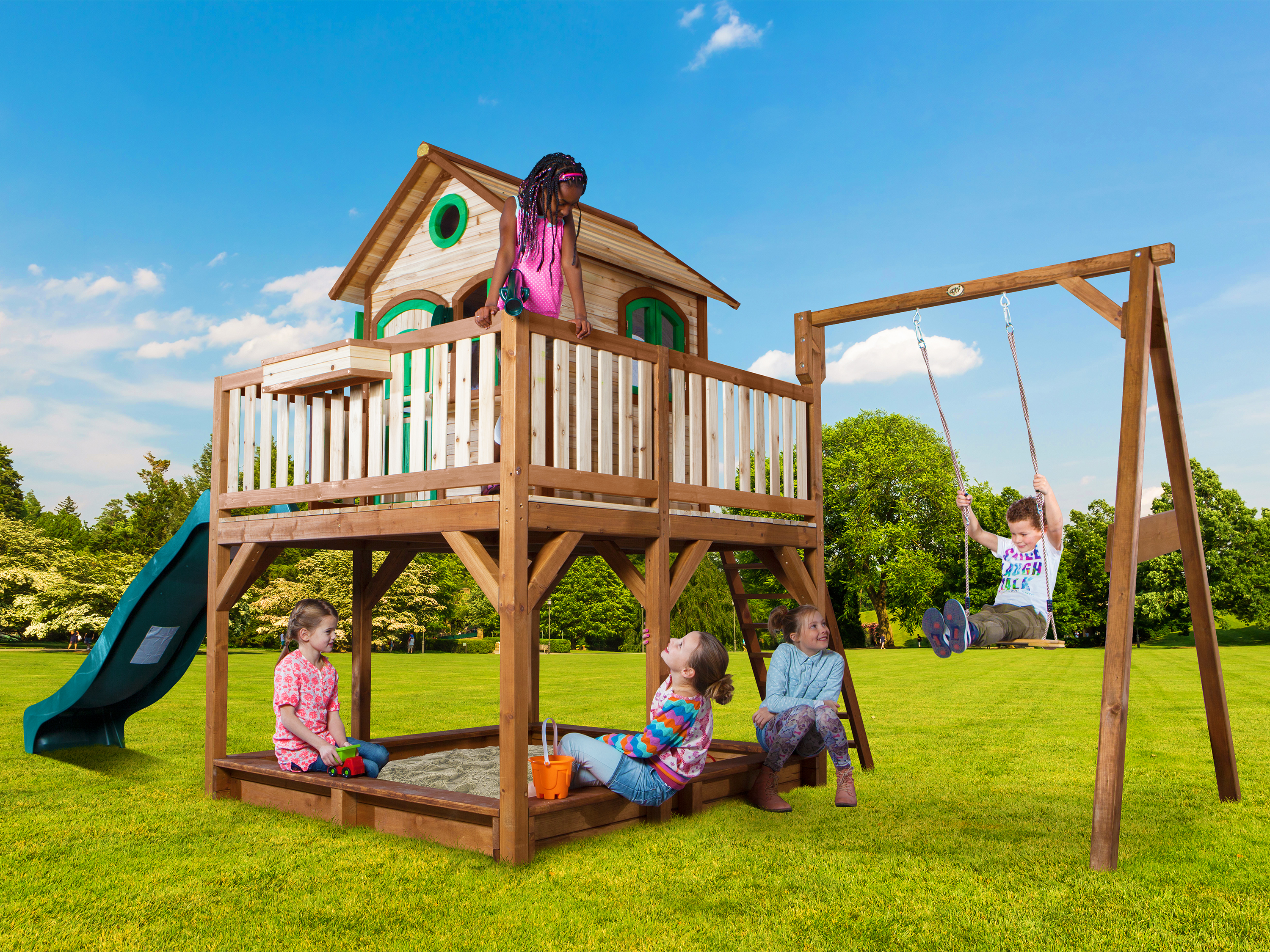 AXI Liam Playhouse with Single Swing Set Brown/Green - Green Slide