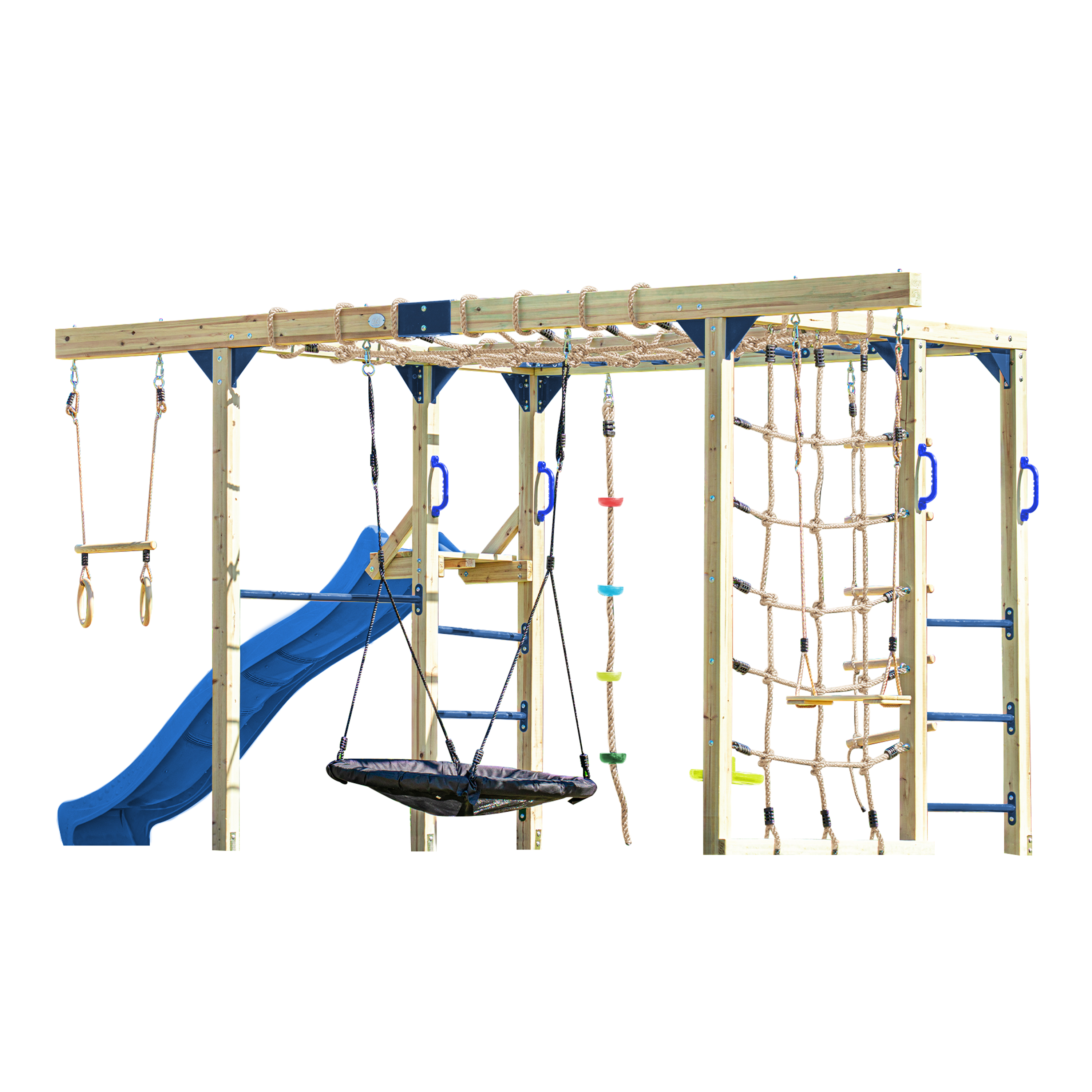 AXI Boris Wooden Playcentre with Swings, Trapeze, Climbing Nets and Monkey Bars – Blue Slide