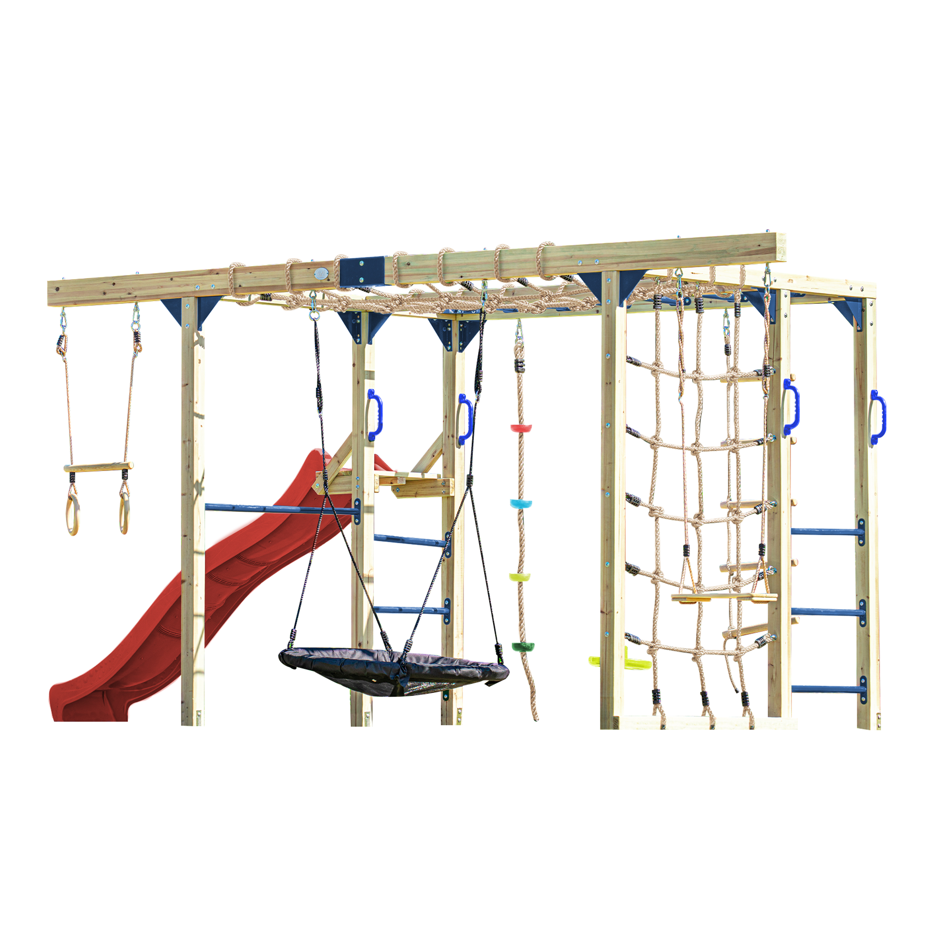AXI Boris Wooden Playcentre with Swings, Trapeze, Climbing Nets and Monkey Bars – Red Slide