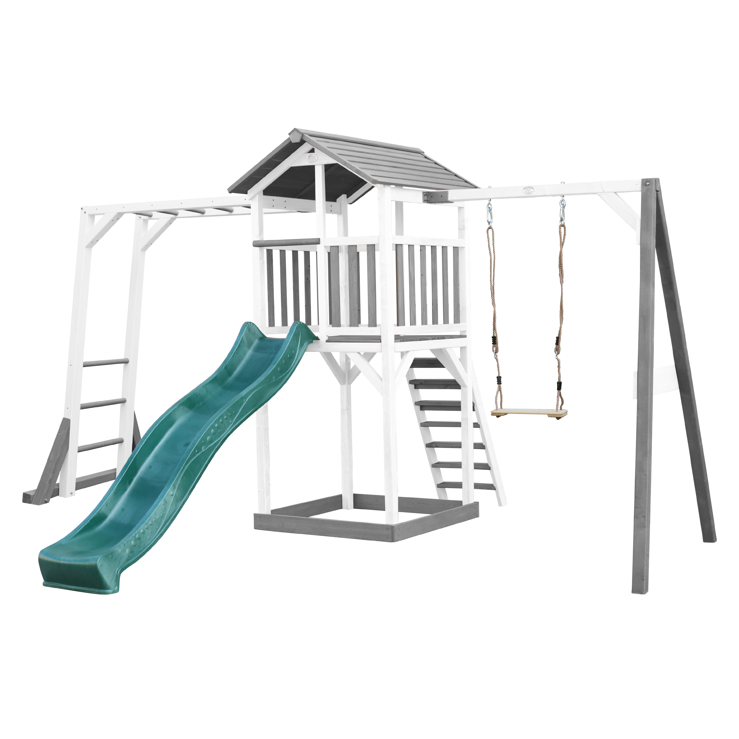 AXI Beach Tower with Climbing Frame and Single Swing Set Grey/White - Green Slide