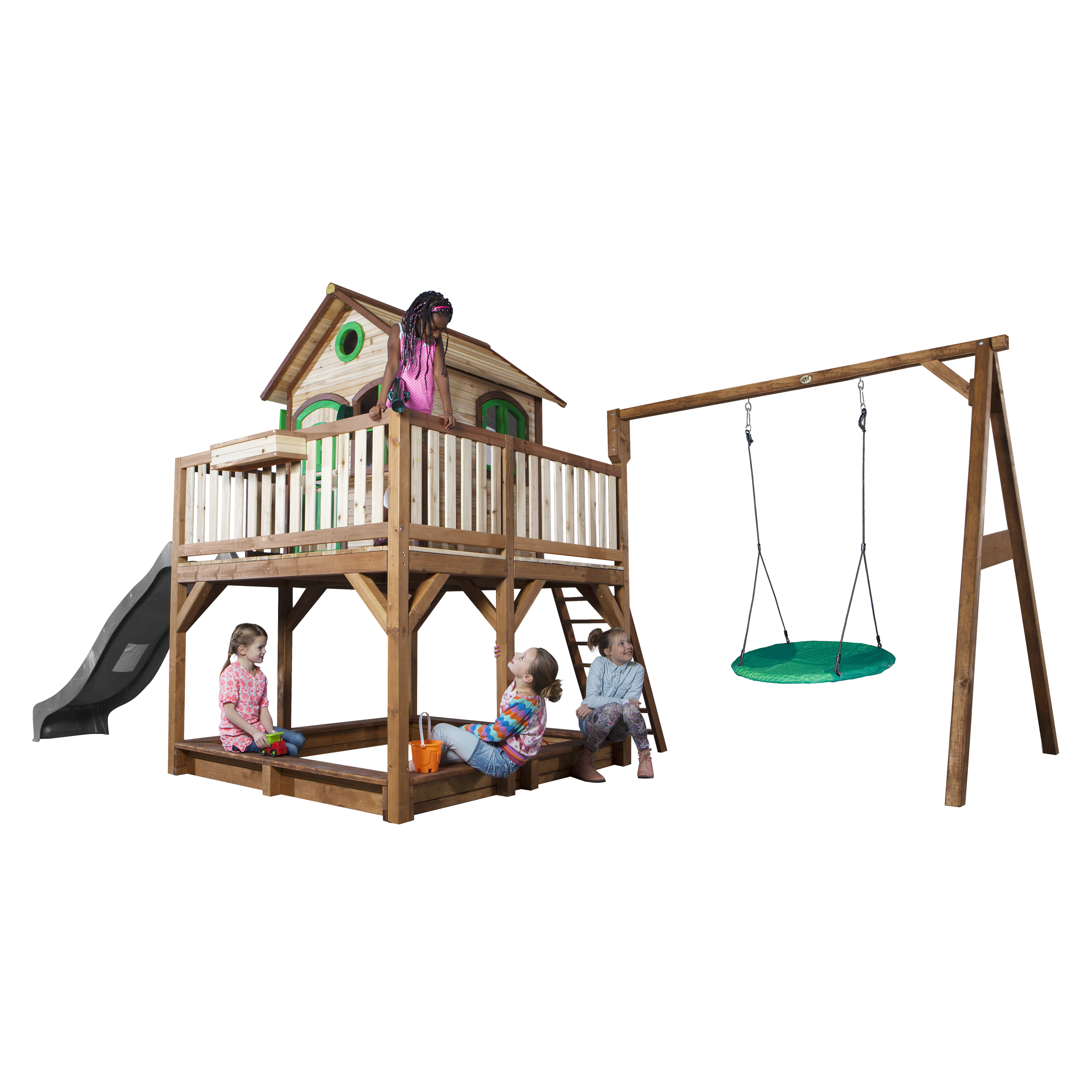 AXI Liam Playhouse with Summer Nest Swing Set Brown/Green - Grey Slide-8717973937685 AXI Liam Playhouse with Summer Nest Swing Set Brown/Green - Grey Slide