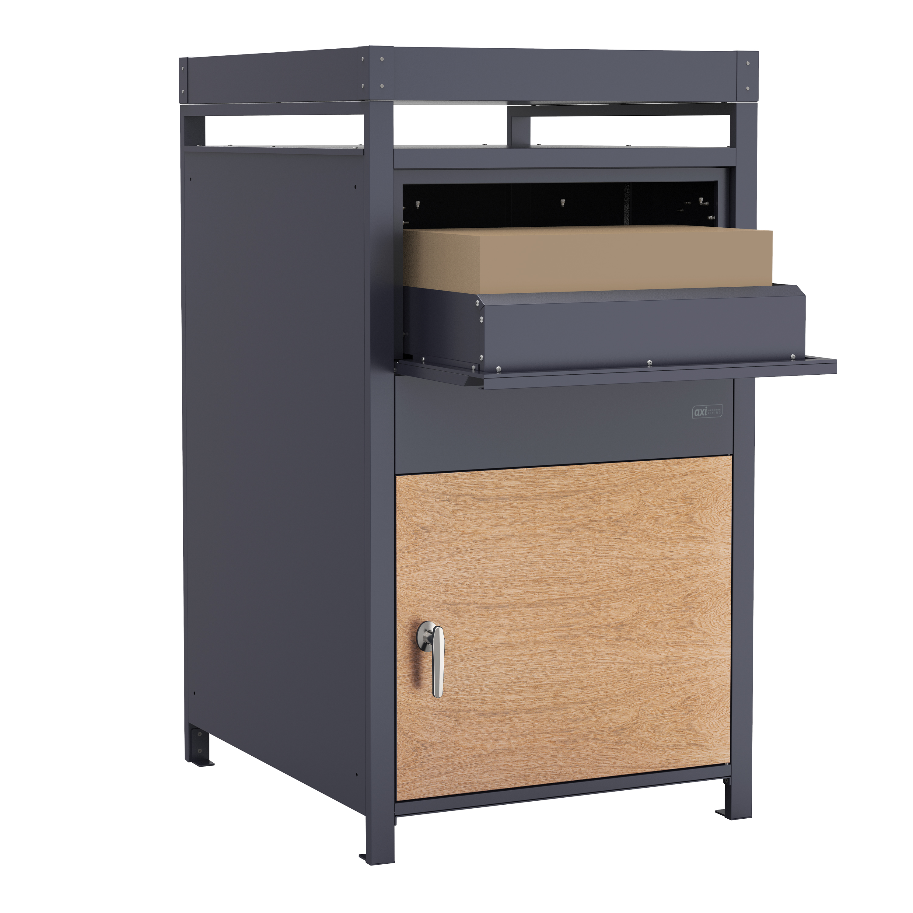 AXI Leon Bin Storage with Louis Parcel Postbox Anthracite/Wood Look – 4 Garbage Bins