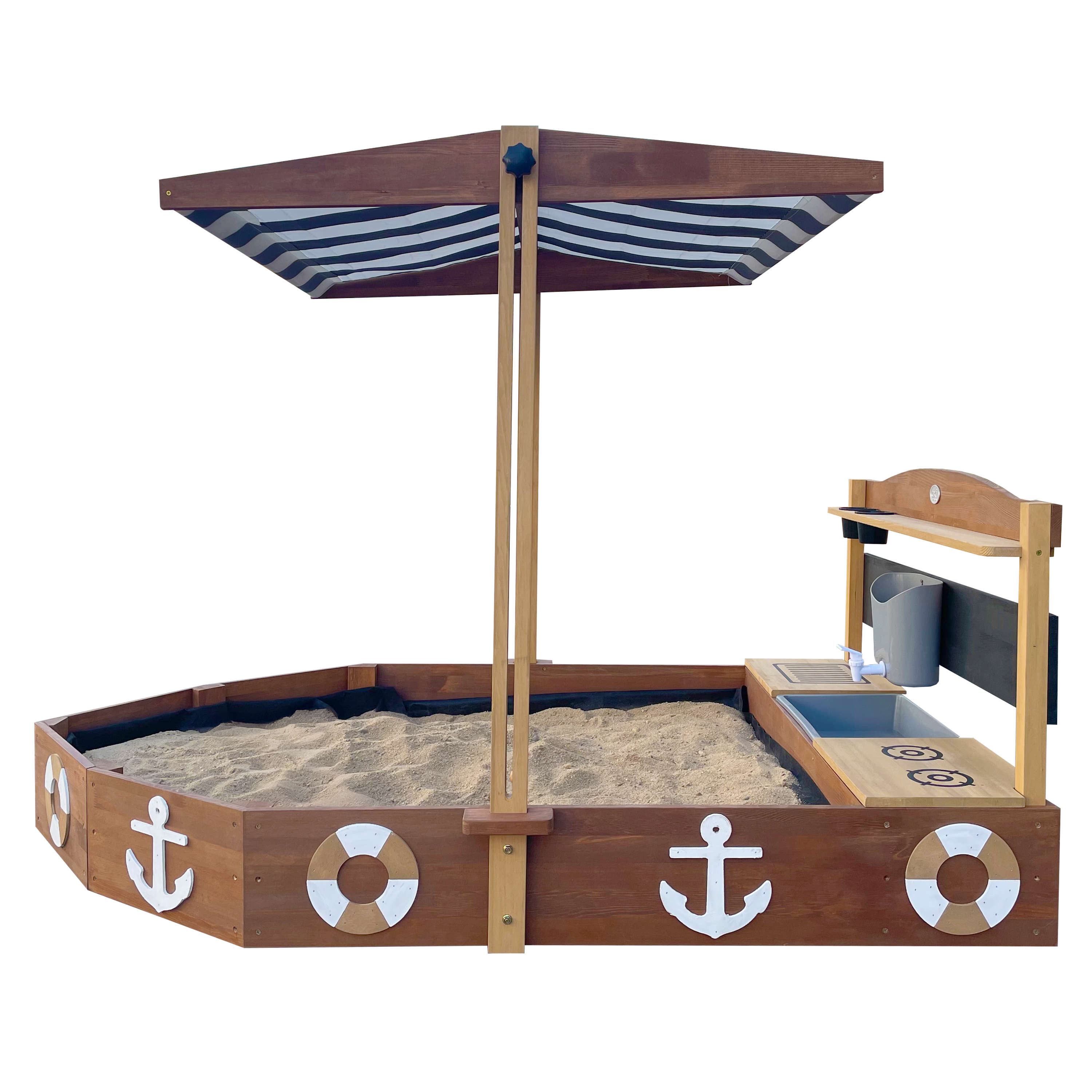 AXI Dora Boat Sandbox with Play Kitchen and Roof 160 x 100 cm Brown/Anthracite