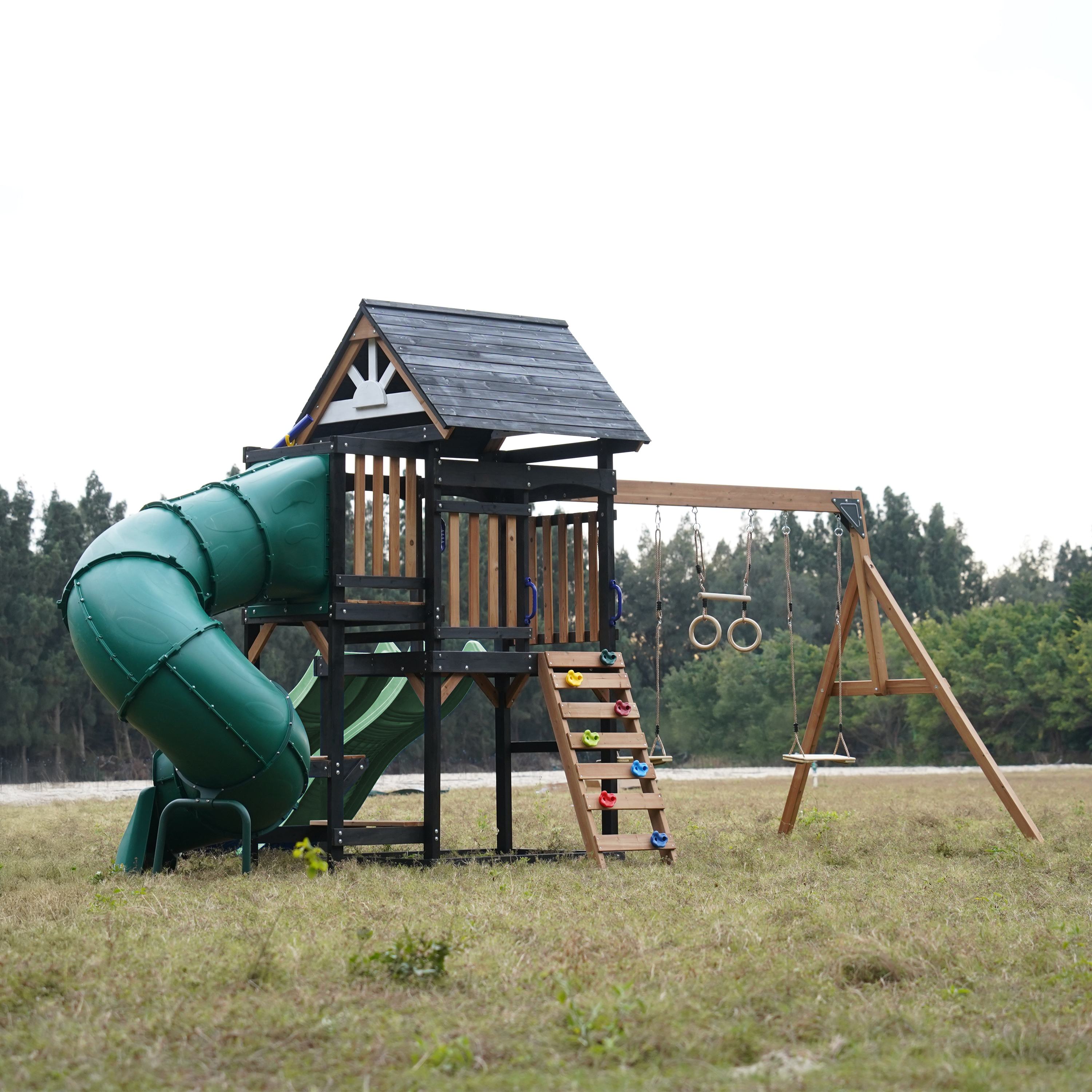 AXI Cody Climbing Frame with Swings, Trapeze and Climbing Wall – Pastel Green Double Slide and Tube Slide