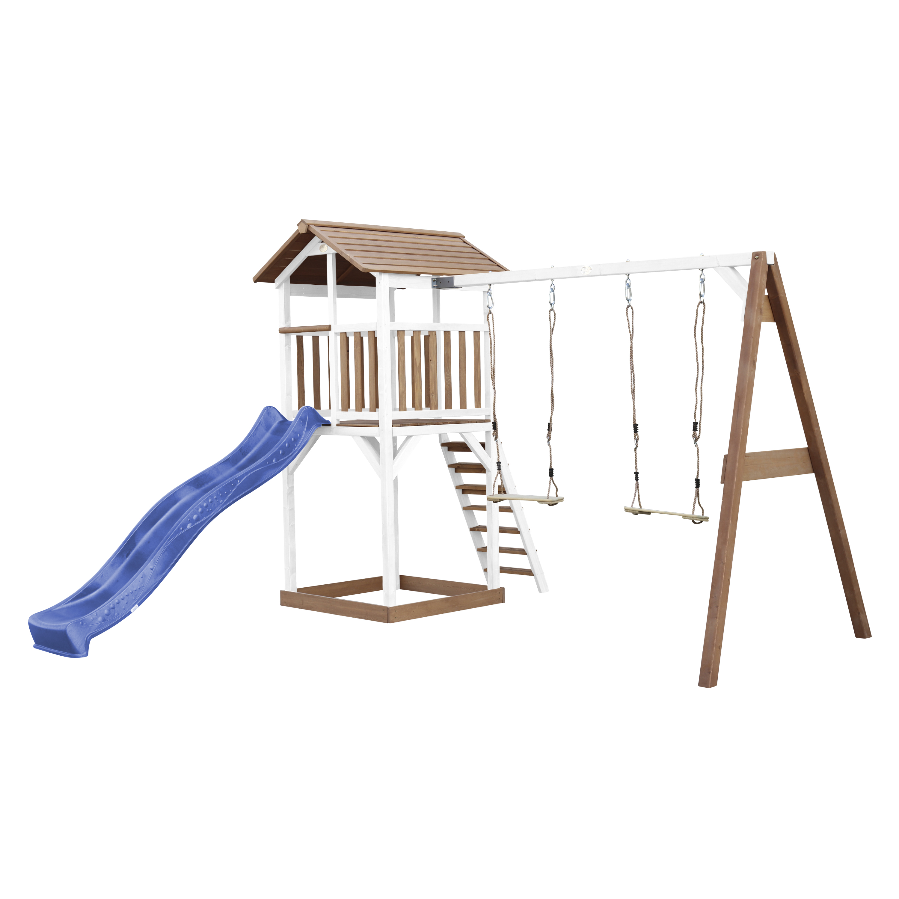 AXI Beach Tower with Double Swing Set Brown/White - Blue Slide-8717973939207 AXI Beach Tower with Double Swing Set Brown/White - Blue Slide