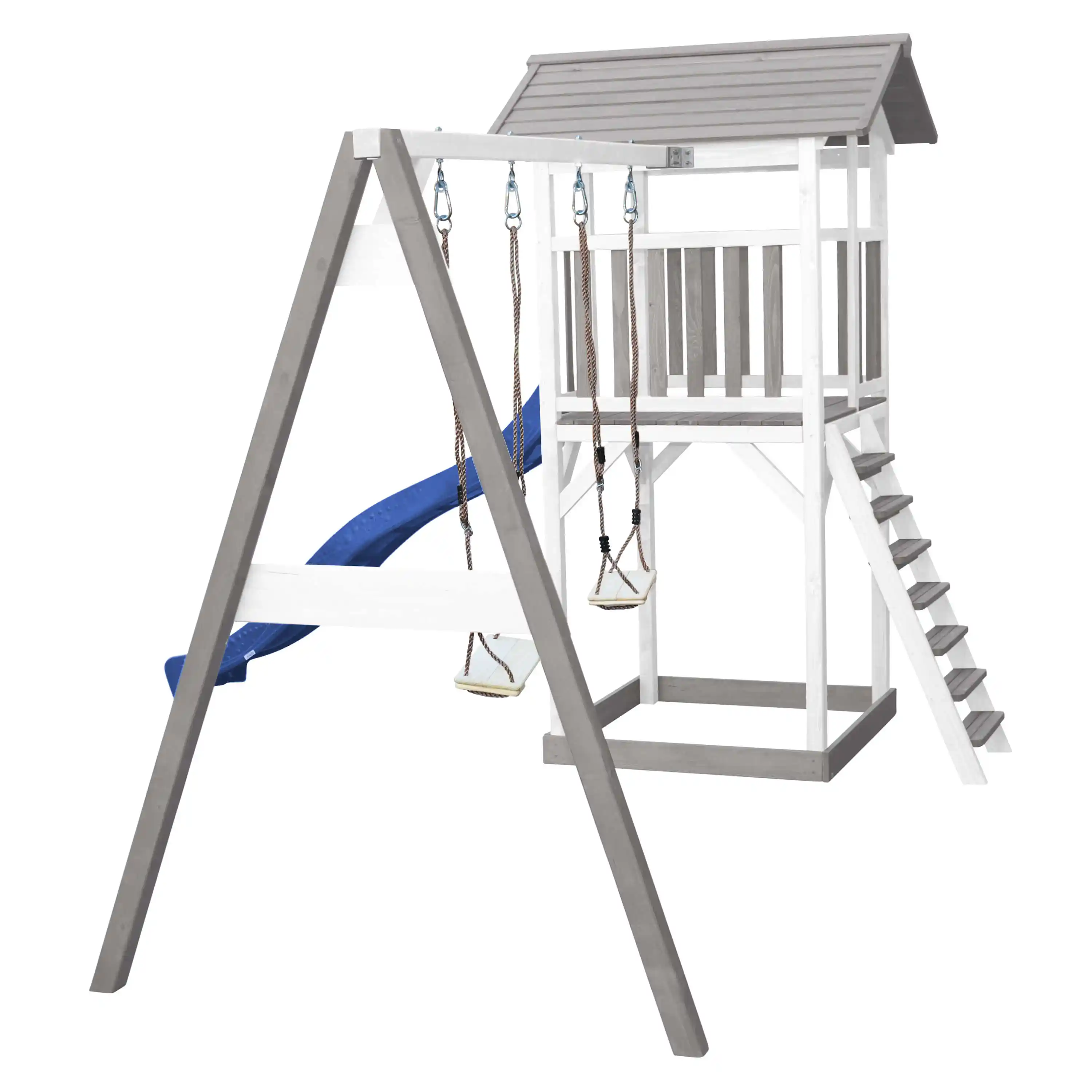 AXI Beach Tower Speeltoren met Dubbele Schommel Grijs/wit - Blauwe Glijbaan