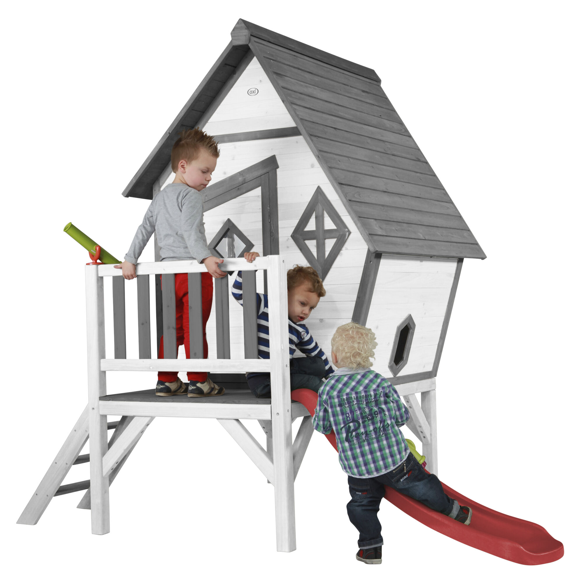AXI Cabin XL Speelhuis Grijs/wit - Rode Glijbaan