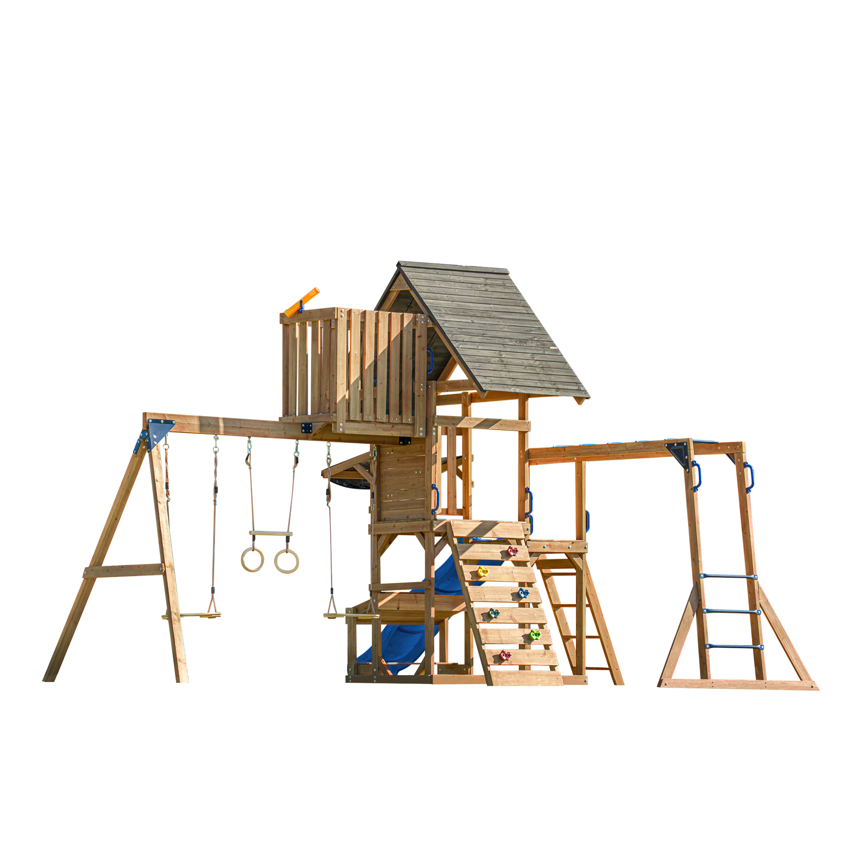 AXI Mitch Climbing Frame with Double Swing, Trapeze and Lookout Tower – Blue Slide
